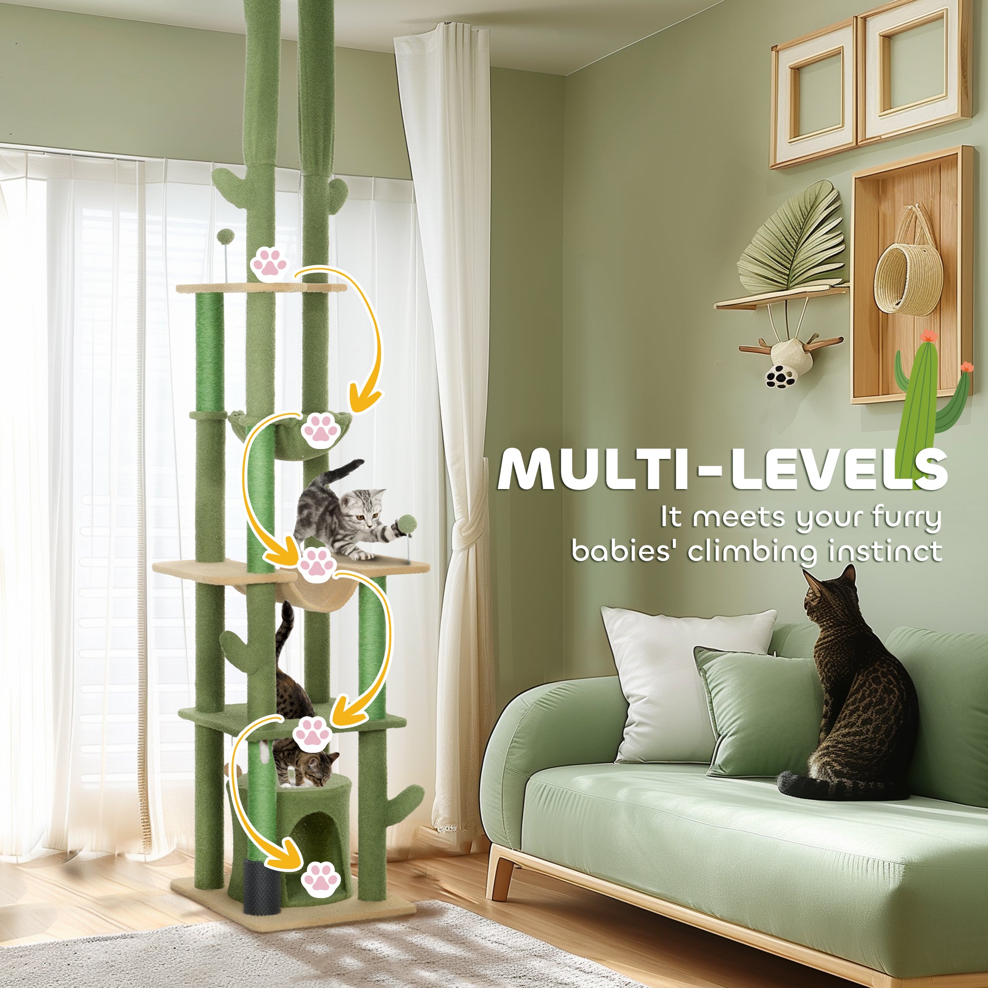 PawHut 225-255cm Height Adjustable Floor to Ceiling Cat Tree, Tall Cat Tower for Indoor Cats w/ Scratching Posts - Green