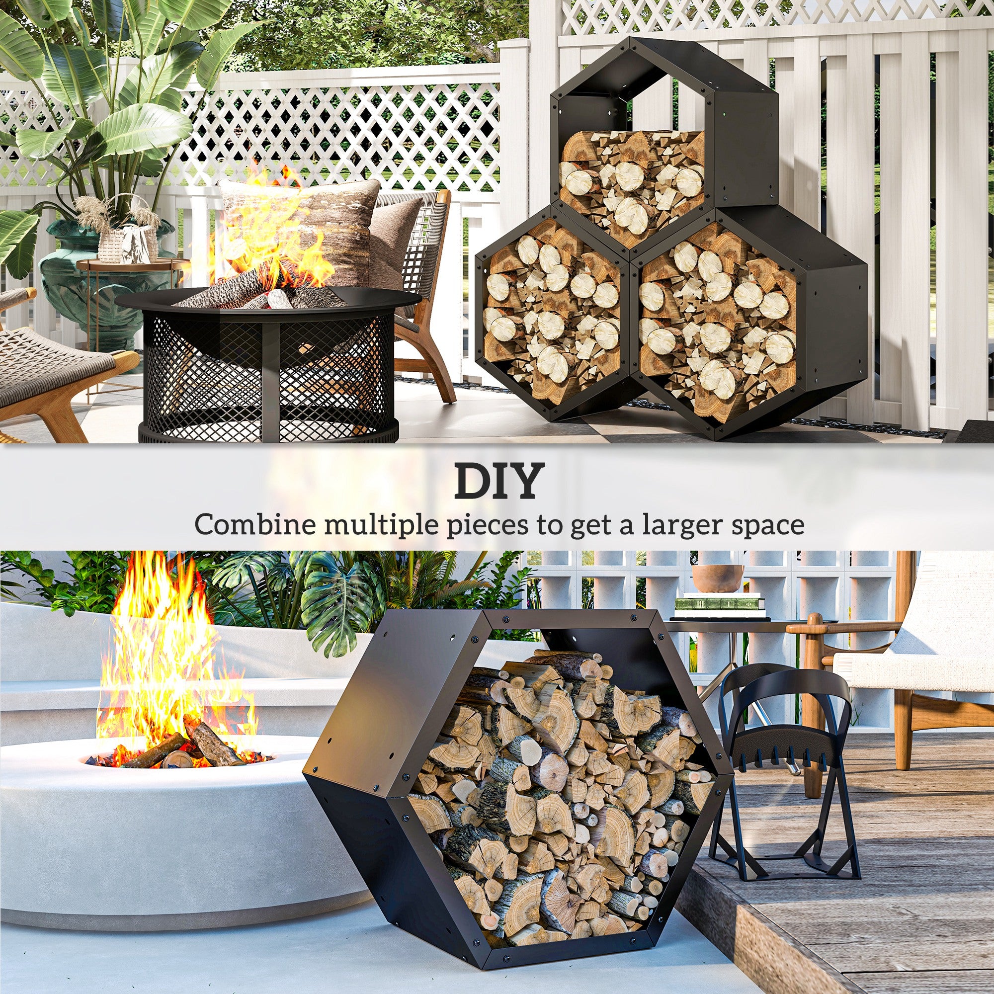 Outsunny Fireplace Log Rack, Steel Firewood Log Holder, 3 Hexagon Boxes, Indoor Outdoor Wood Storage Shelf, 113 x 37 x 113cm, Black