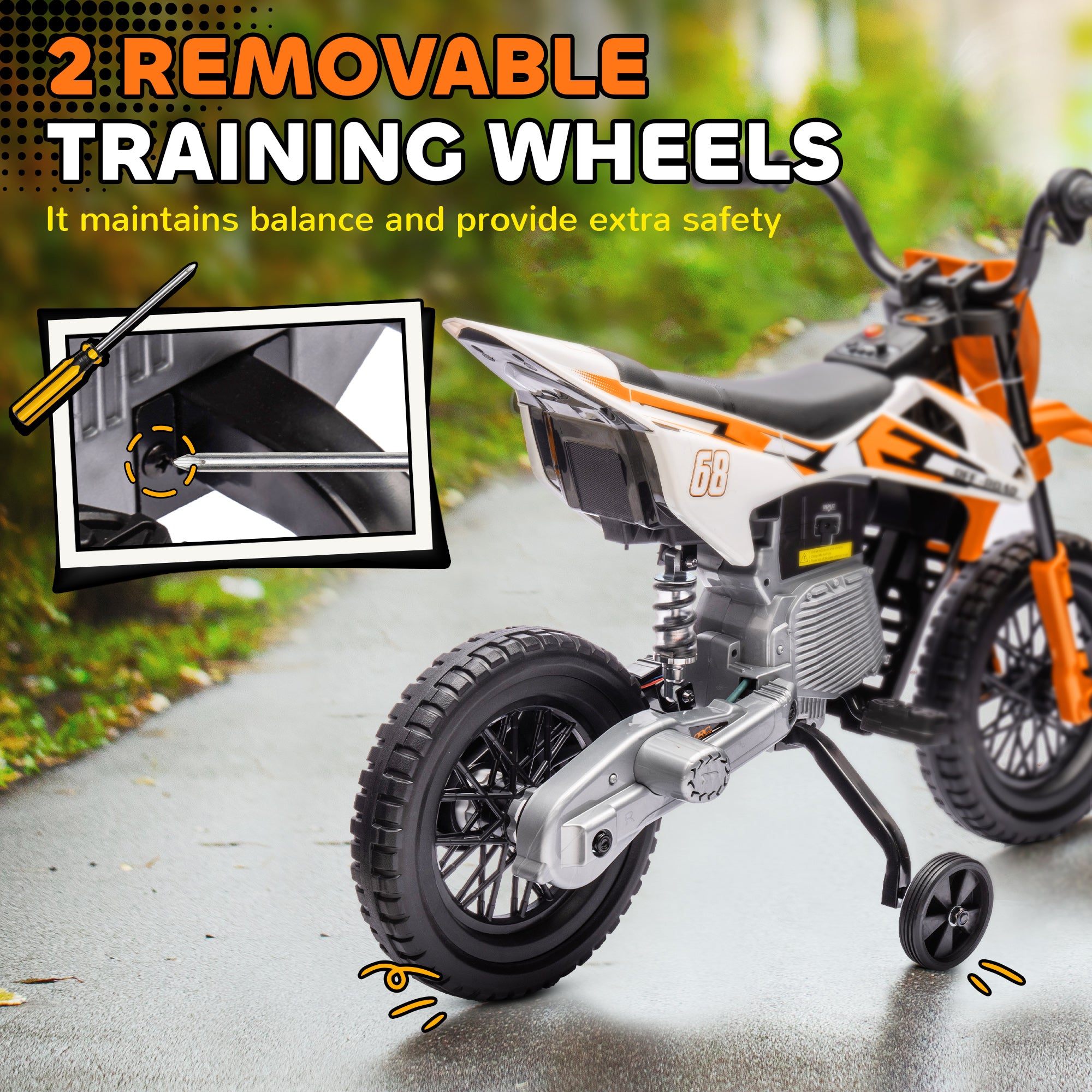 AIYAPLAY 12V Kids Electric Motorbike, Kids Electric Ride on motorcycle w/ Twist Grip Throttle, Training Wheels, Orange - North Peak Garden Furniture