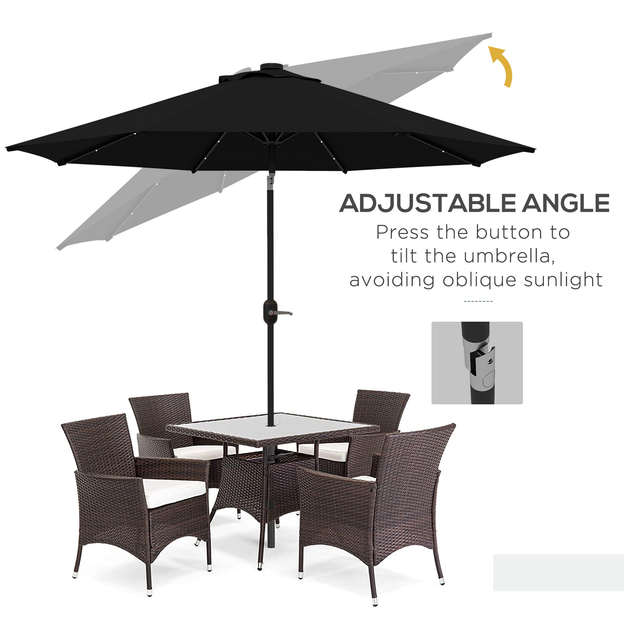 Outsunny 2.7m Outdoor Patio Garden Umbrella Parasol with Tilt Crank and 24 LEDs Lights, Black - North Peak Garden Furniture