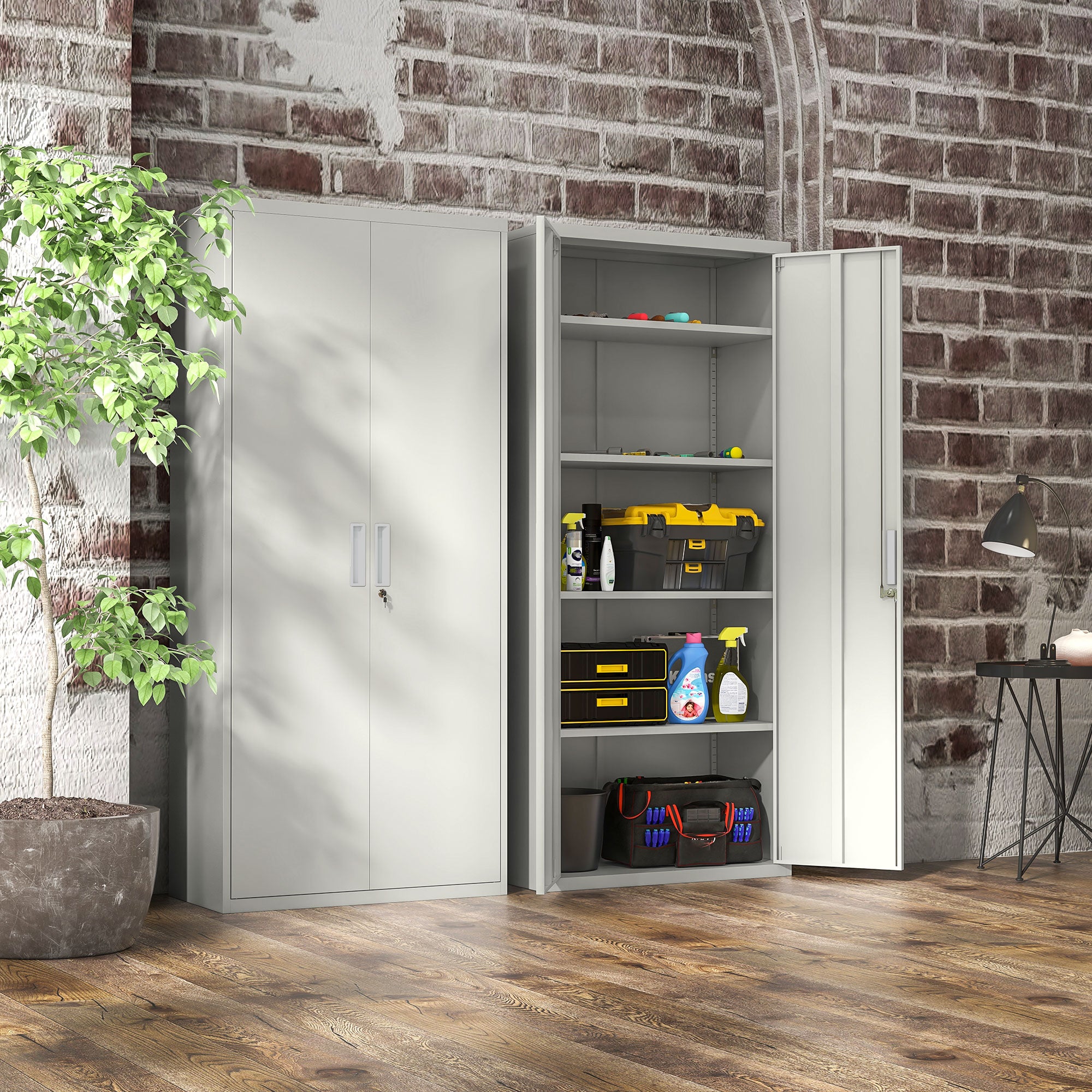 HOMCOM Five Shelf Lockable Steel Office Cabinet - White
