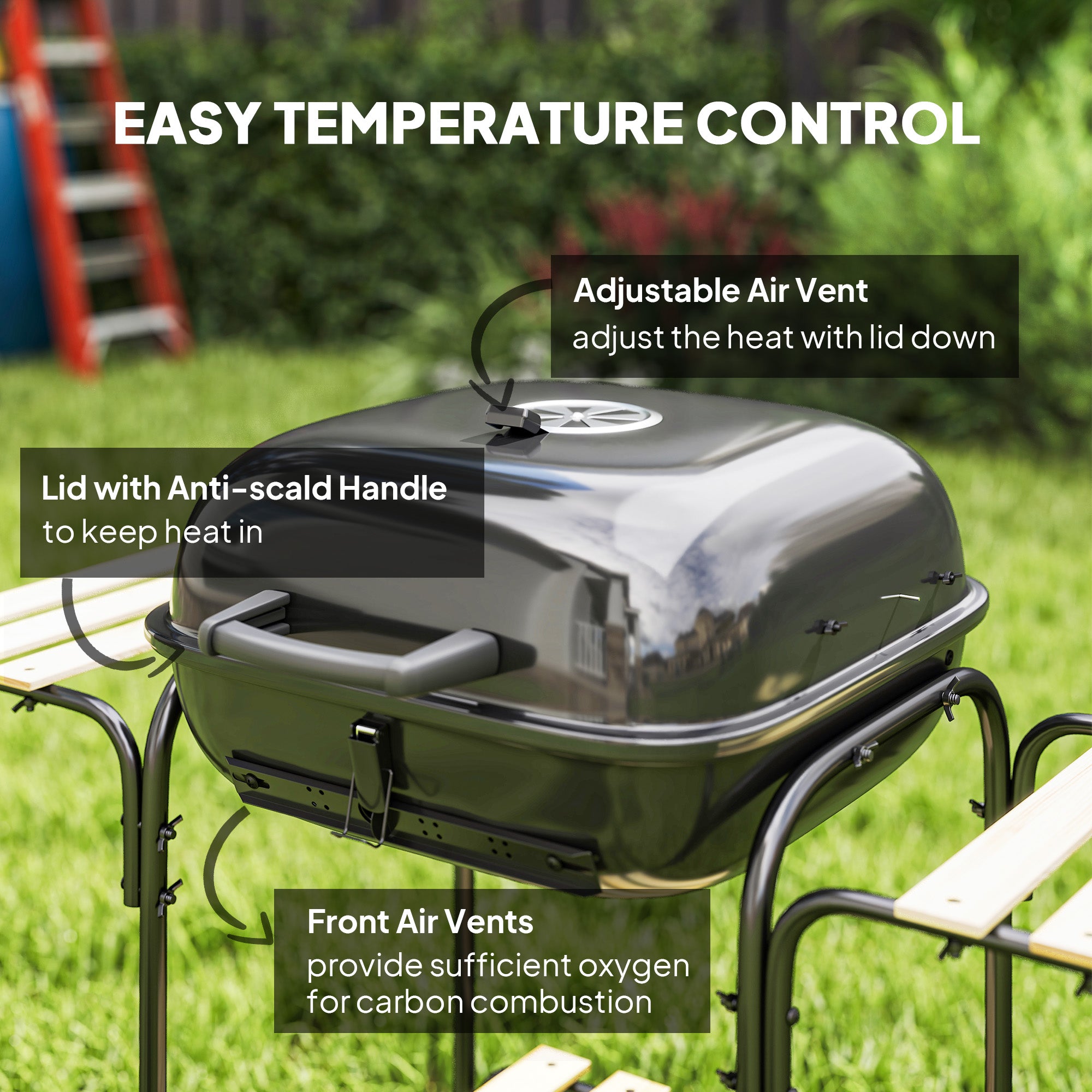 Outsunny Charcoal Barbecue Grill Portable BBQ Grill with 1840 cm² Cooking Area, 3 Shelves, Adjustable Vent, Lockable Lid, Wheels for Outdoor Cooking, Garden Party, Black - North Peak Garden Furniture