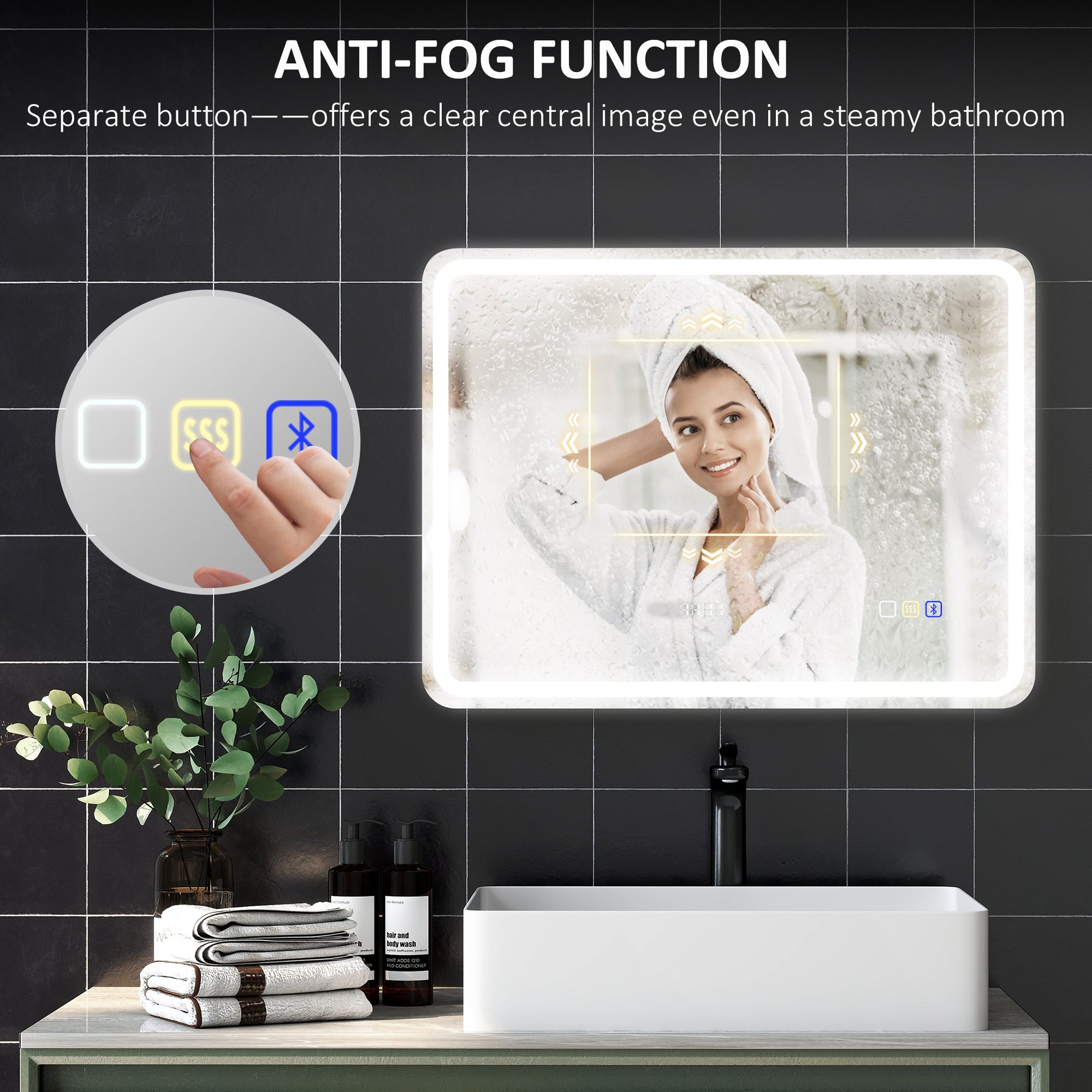 HOMCOM 60 x 80 cm Bluetooth LED Bathroom Mirror with Clock Anti-Fog - Silver Tone