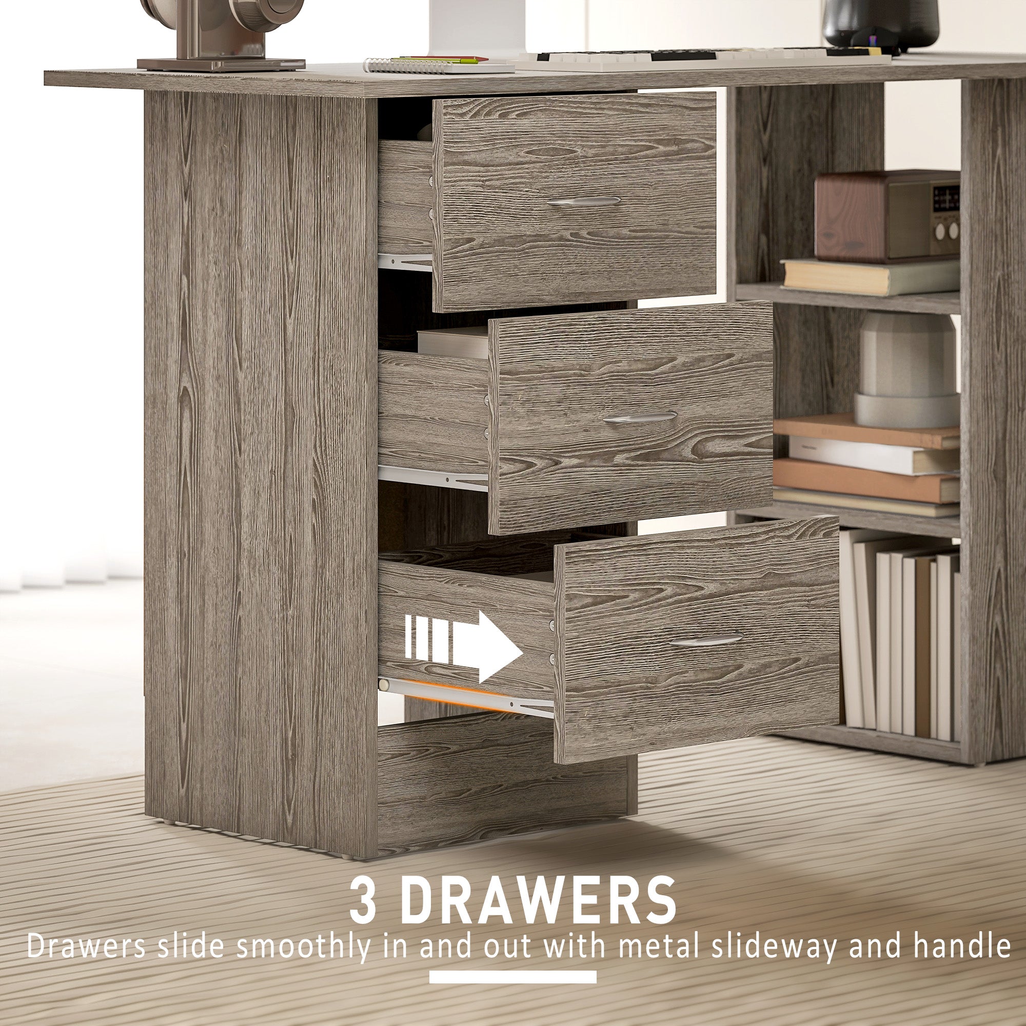 HOMCOM Computer Desk, Writing Table, PC Workstation with 3 Storage Shelves and Drawers, Silver Handle, for Home Office, Grey