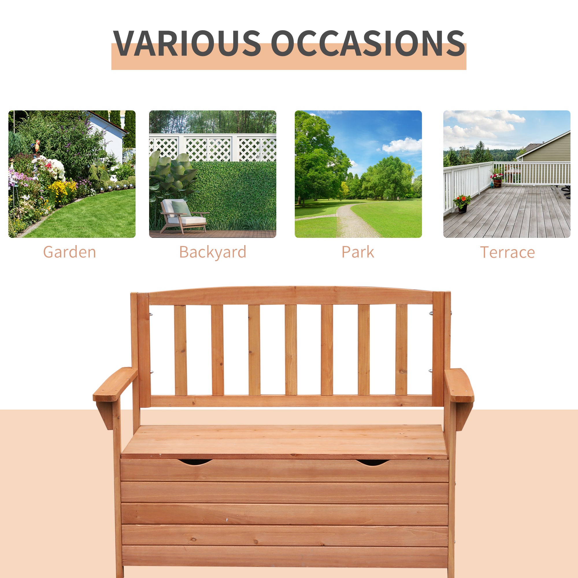Outsunny Outdoor 2 Seater Garden Wooden Storage Bench Box Patio Seating Furniture Chair 112L x 84H x 58W cm - North Peak Garden Furniture
