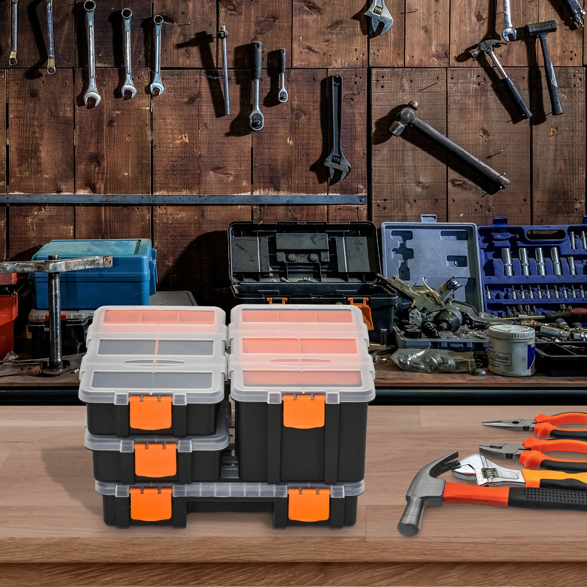 DURHAND Set Of 4 Plastic DIY Tool Storage Boxes w/ Inside Dividers Locking Lids Home Garage Organisation Stacking Arts Crafts Bolts Black Orange - North Peak Garden Furniture
