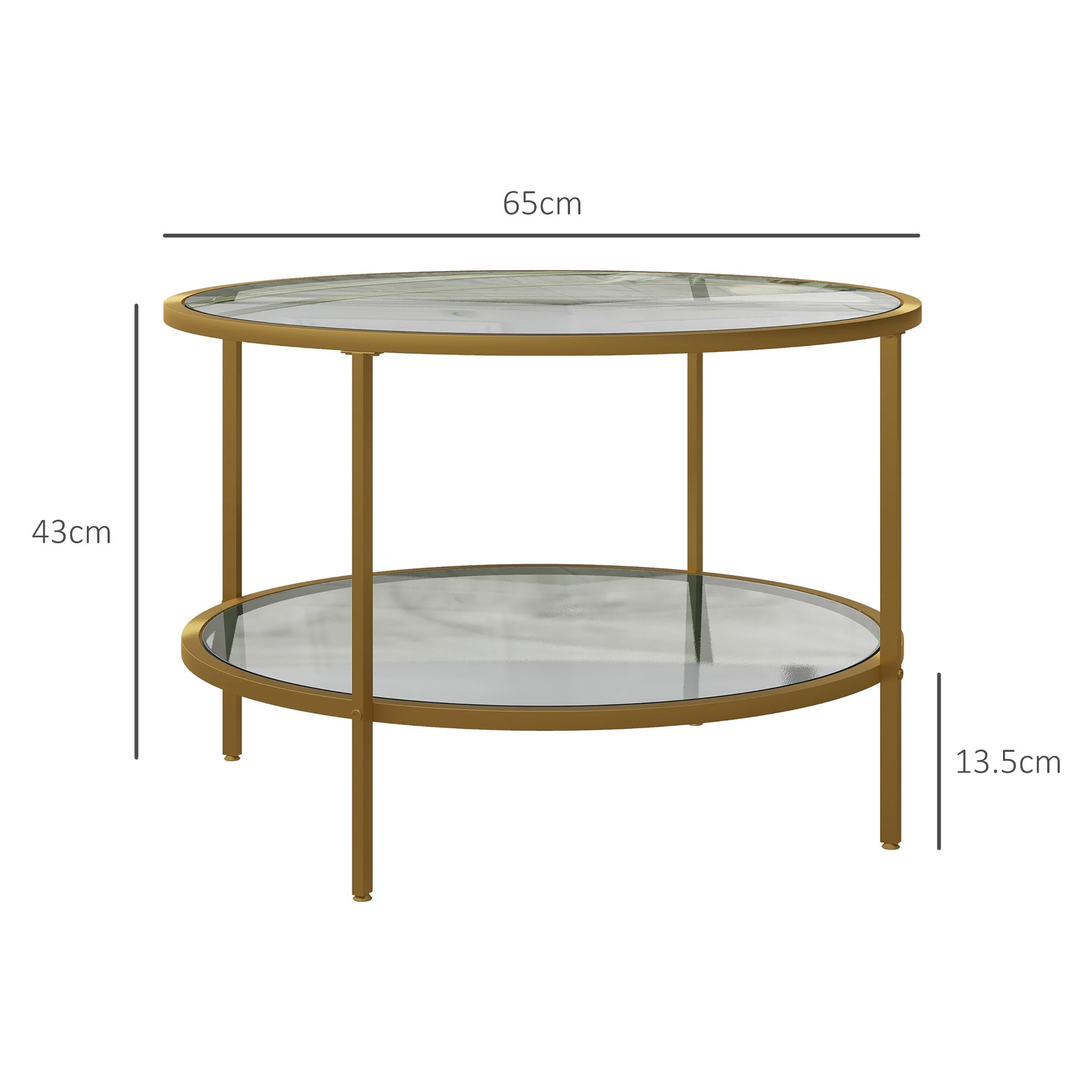 HOMCOM Round Coffee Table with Storage, 2-Tier Tempered Glass Coffee Table with Steel Frame for Living Room, Gold Tone - North Peak Garden Furniture