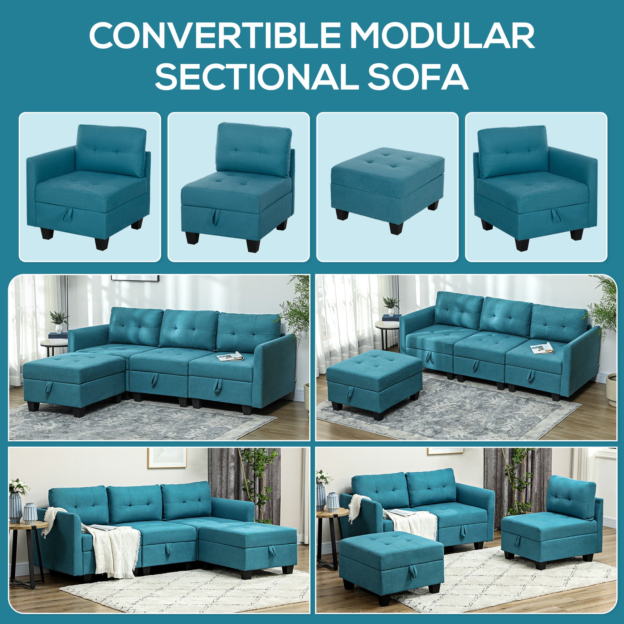HOMCOM 'L' Shape Modular Sofa, with Storage - Light Blue - North Peak Garden Furniture