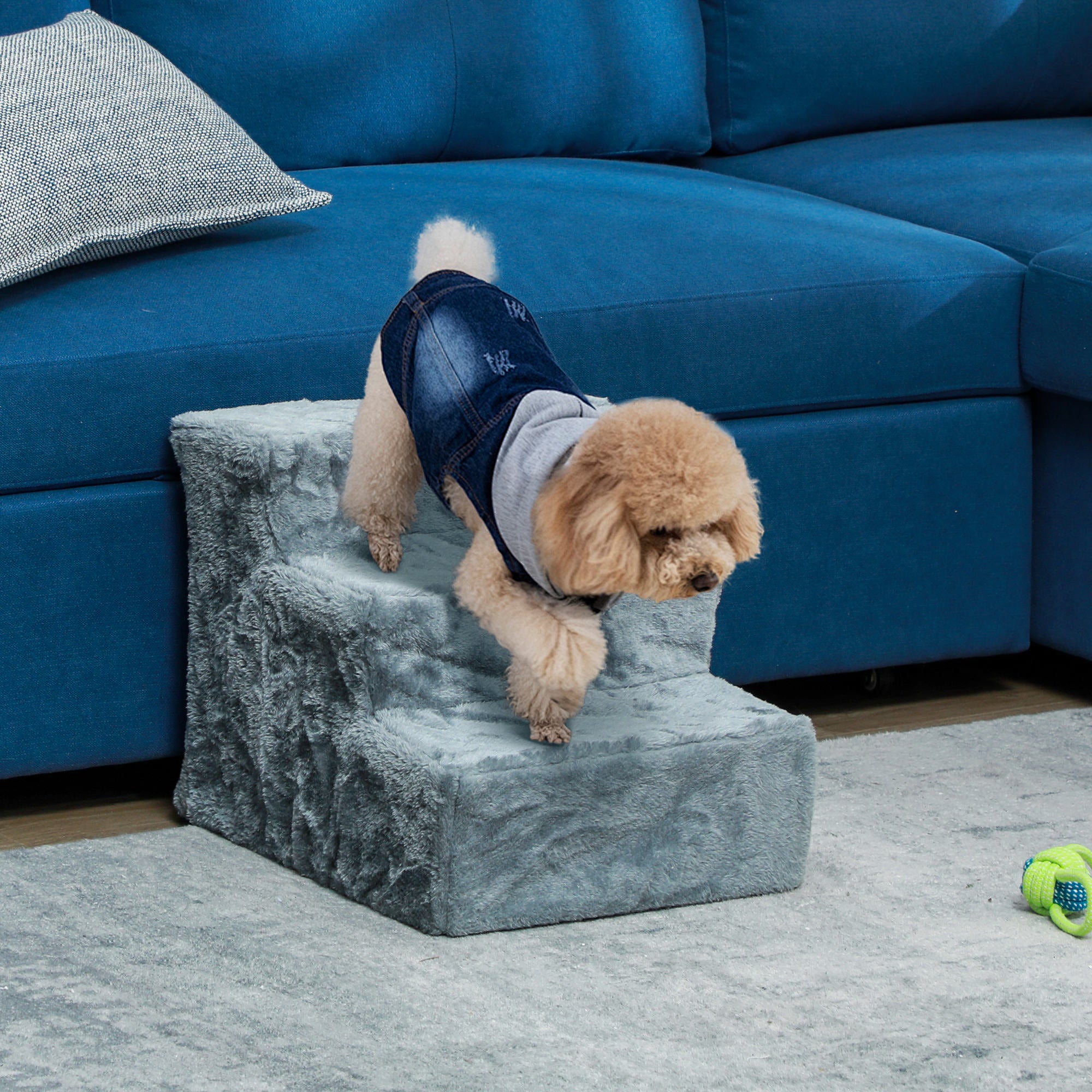 PawHut Three-Step Dog Stairs, with Washable Plush Cover, for High Bed Sofa, Dog Stairs for Small Dog and Cat - Light Grey - North Peak Garden Furniture