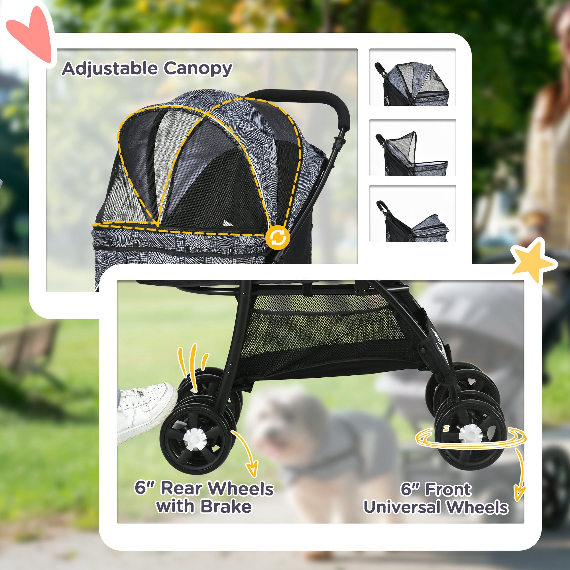 PawHut Foldable Pet Stroller for Dogs, Puppy Stroller, with Large Carriage, Brakes, Canopy - Grey - North Peak Garden Furniture