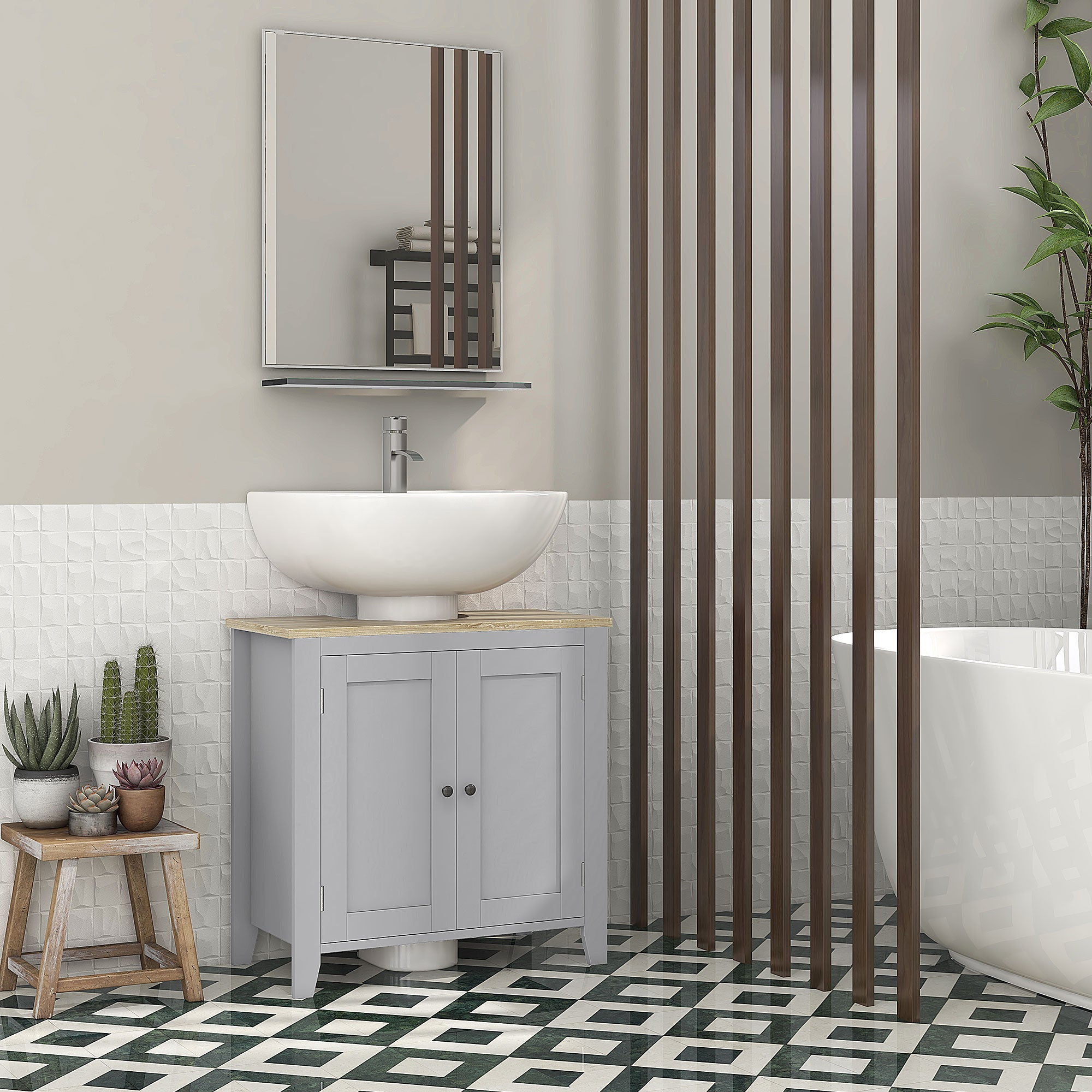 kleankin Under Sink Cabinet, Bathroom Sink Cabinet with 2 Doors, Pedestal Under Sink Design, Freestanding Bathroom Cupboard with Adjustable Shelf, Grey - North Peak Garden Furniture