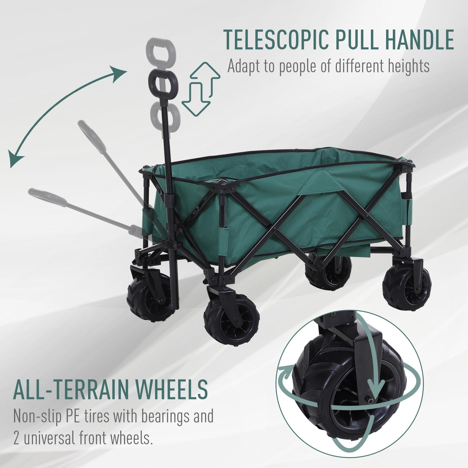 Outsunny Outdoor Folding Garden Trolley on Wheels, Pull Along Camping Cart, Cargo Wagon Trailer with Telescopic Handle, Big Wheels for Beach Garden, Green - North Peak Garden Furniture