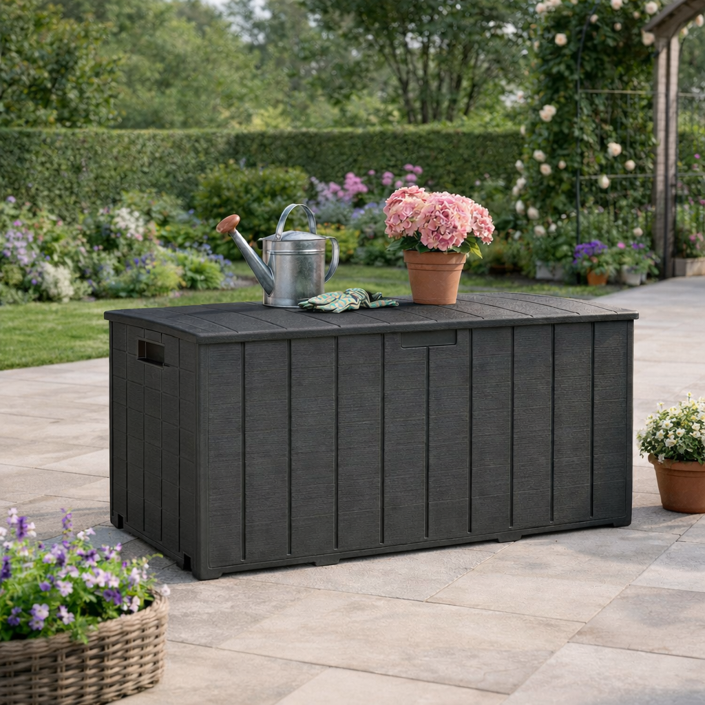 Outsunny 336 Litre Extra Large Outdoor Garden Storage Box, Water-resistant Heavy Duty Double Wall Plastic Container, Garden Furniture Organizer, Deck Cushion Chest with Wheels and Handles, Black