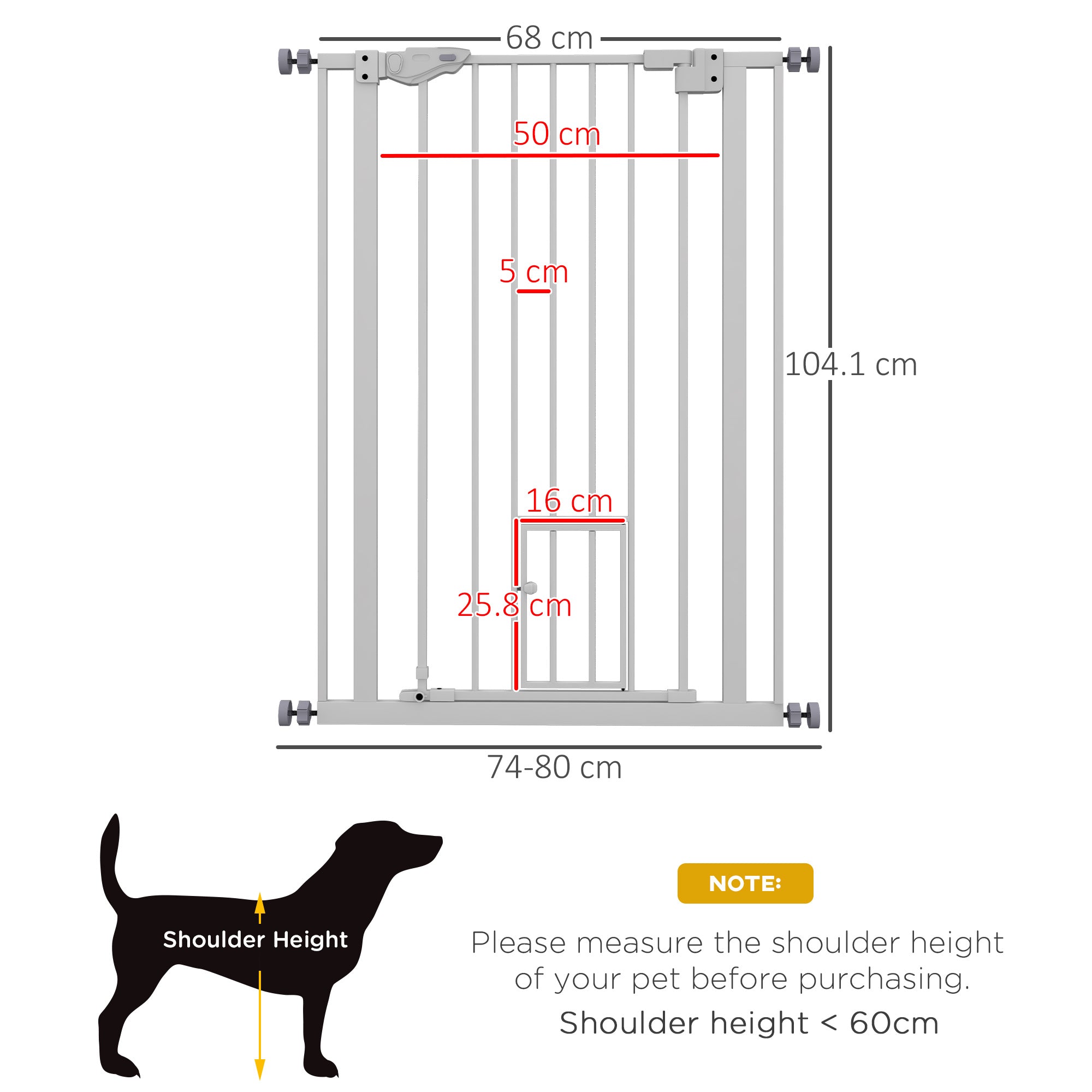 PawHut Extra Tall Pet Gate, Indoor Dog Safety Gate, with Cat Flap, Auto Close, 74-80cm Wide - White - North Peak Garden Furniture