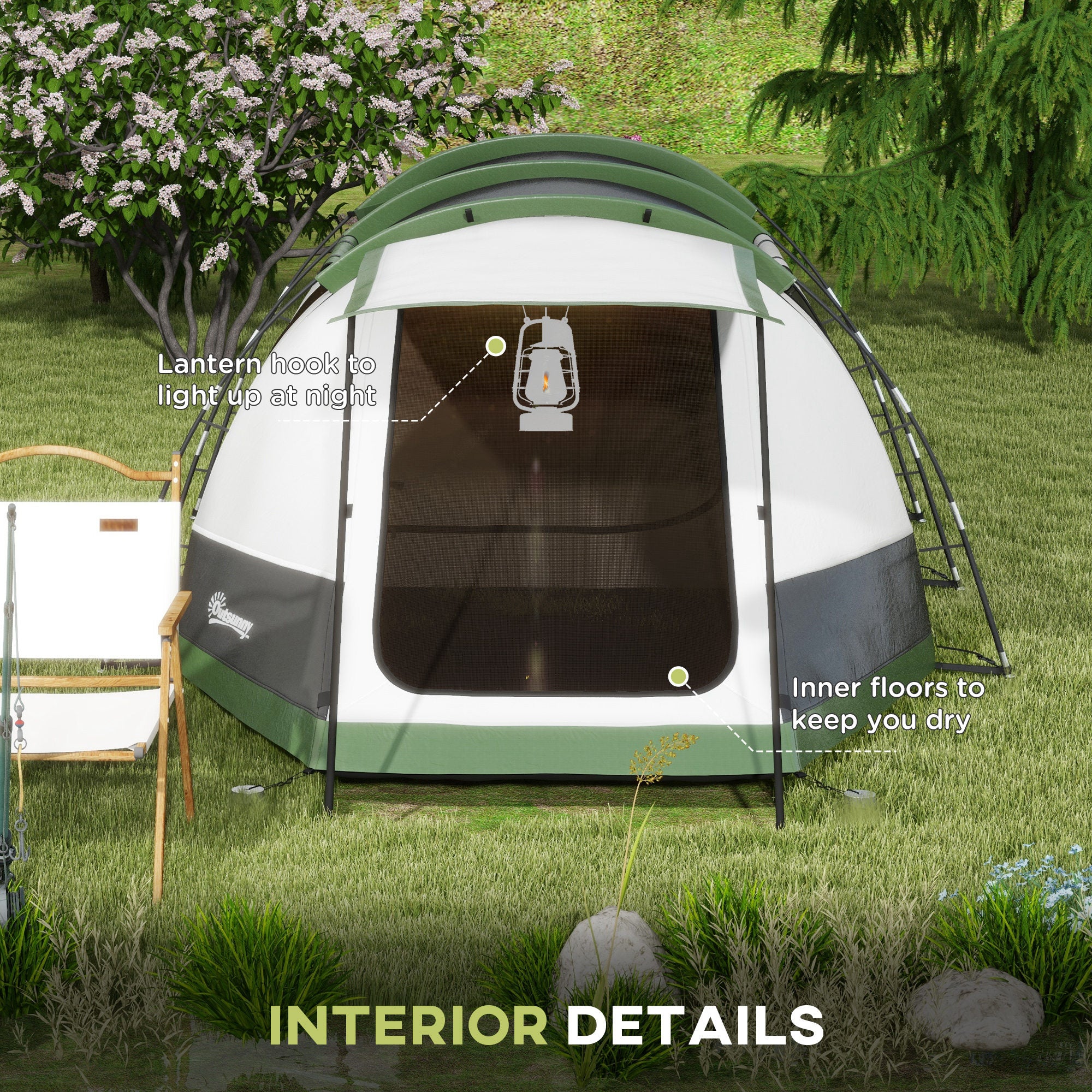 Outsunny Three-Man Camping Tent, with Two Rooms and Porch - Green - North Peak Garden Furniture