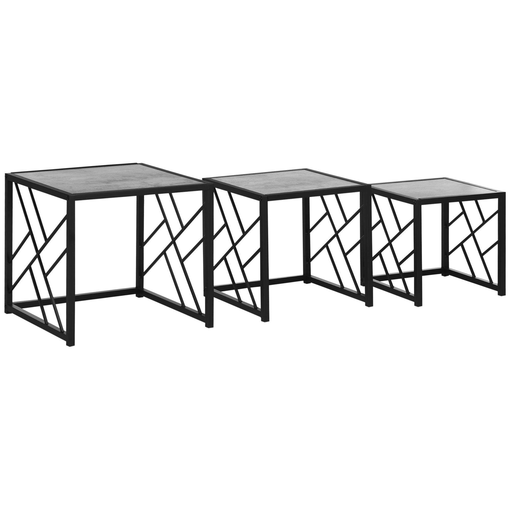 HOMCOM Nesting Coffee Tables, Set of 3 Square Side Tables with Black Metal Frame, for Living Room, Bedroom and Office, Grey - North Peak Garden Furniture