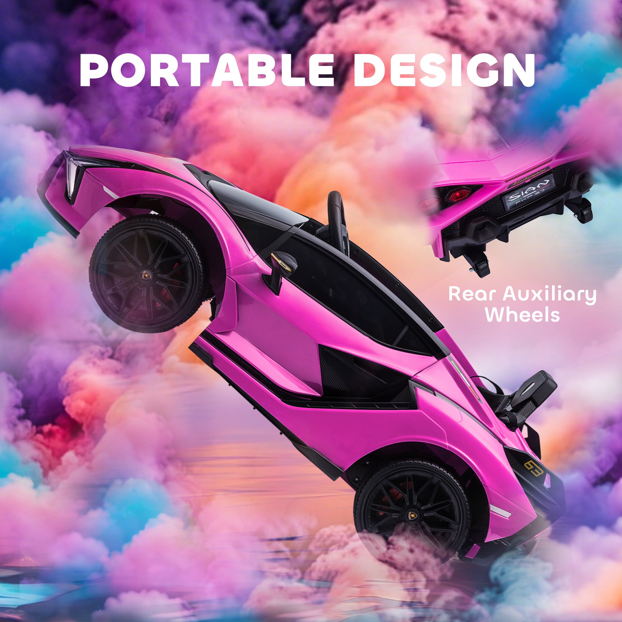 HOMCOM Lamborghini Sian Licensed 12V Kids Electric Ride On Car 2 Motors Toy Car with Remote Control Music Lights MP3 for 3-5 Years Pink