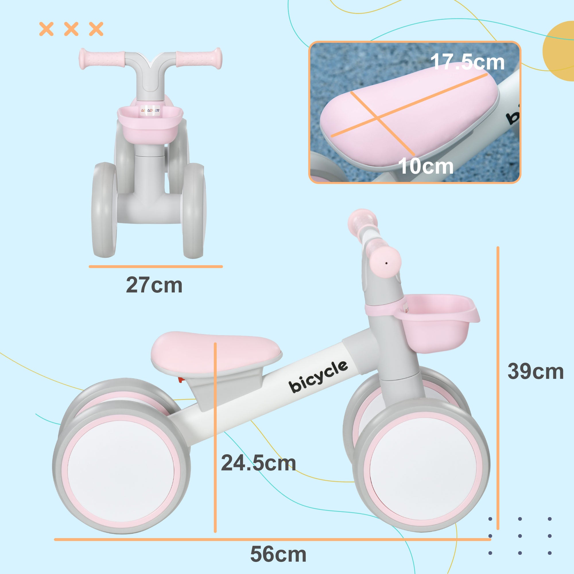 AIYAPLAY Kids Balance Bike for 1-3 Years Old with Adjustable Seat, Silent Wheels, Pink - North Peak Garden Furniture