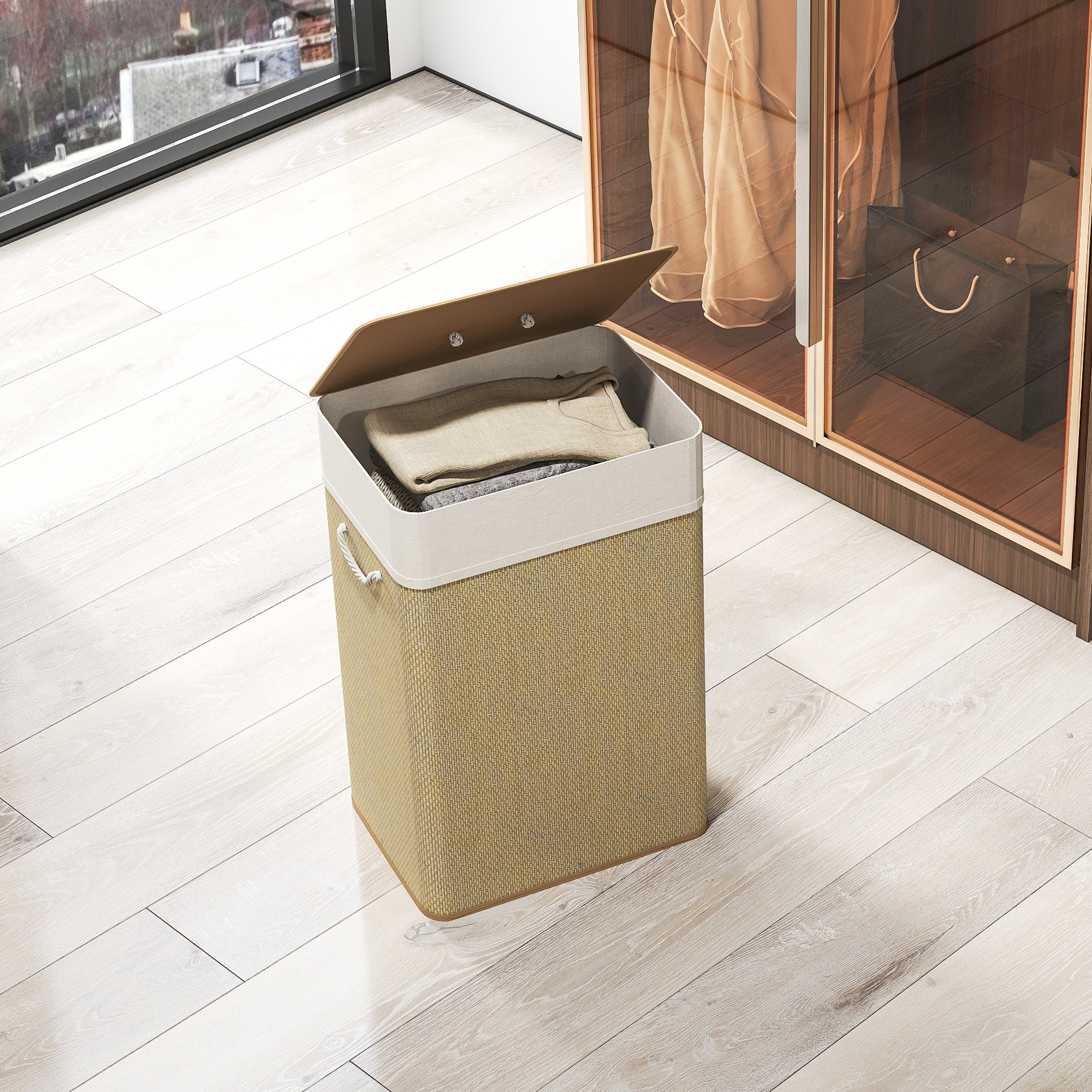 HOMCOM Bamboo Laundry Basket with Lid, 72L Laundry Hamper with Rope Handles, Washing Basket with Removable Washable Liner Bag for Bathroom, Bedroom, Nature Wood Finish - North Peak Garden Furniture