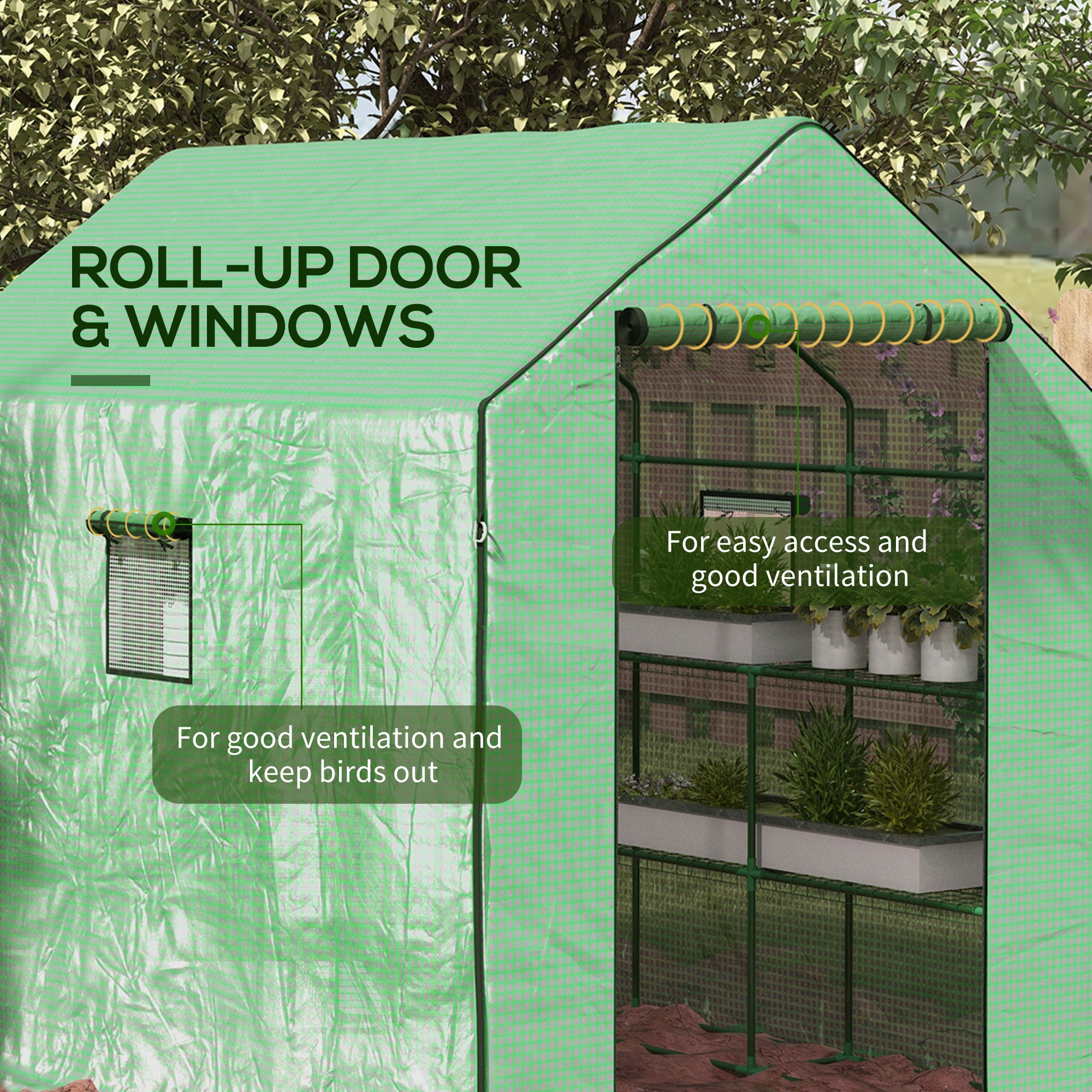 Outsunny Walk-in Greenhouse with 3 Tier Shelves, Outdoor Green House Garden Grow House with Reinforced PE Cover, Roll-up Door and Mesh Windows, 140 x 213 x 190cm, Green