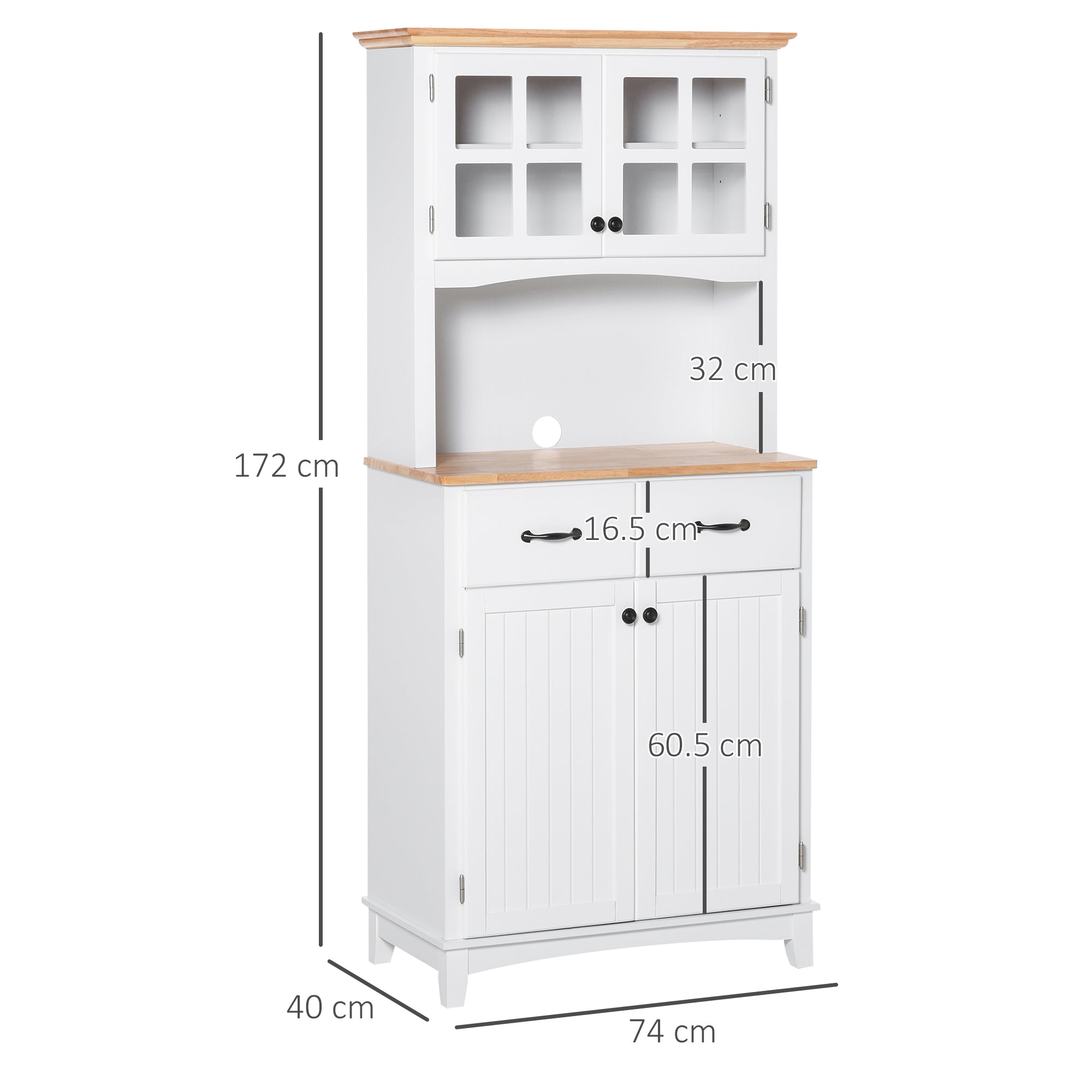 HOMCOM Freestanding Kitchen Cupboard, Kitchen Storage Cabinet with Framed Glass Doors, 2 Drawers, Microwave Counter, White - North Peak Garden Furniture