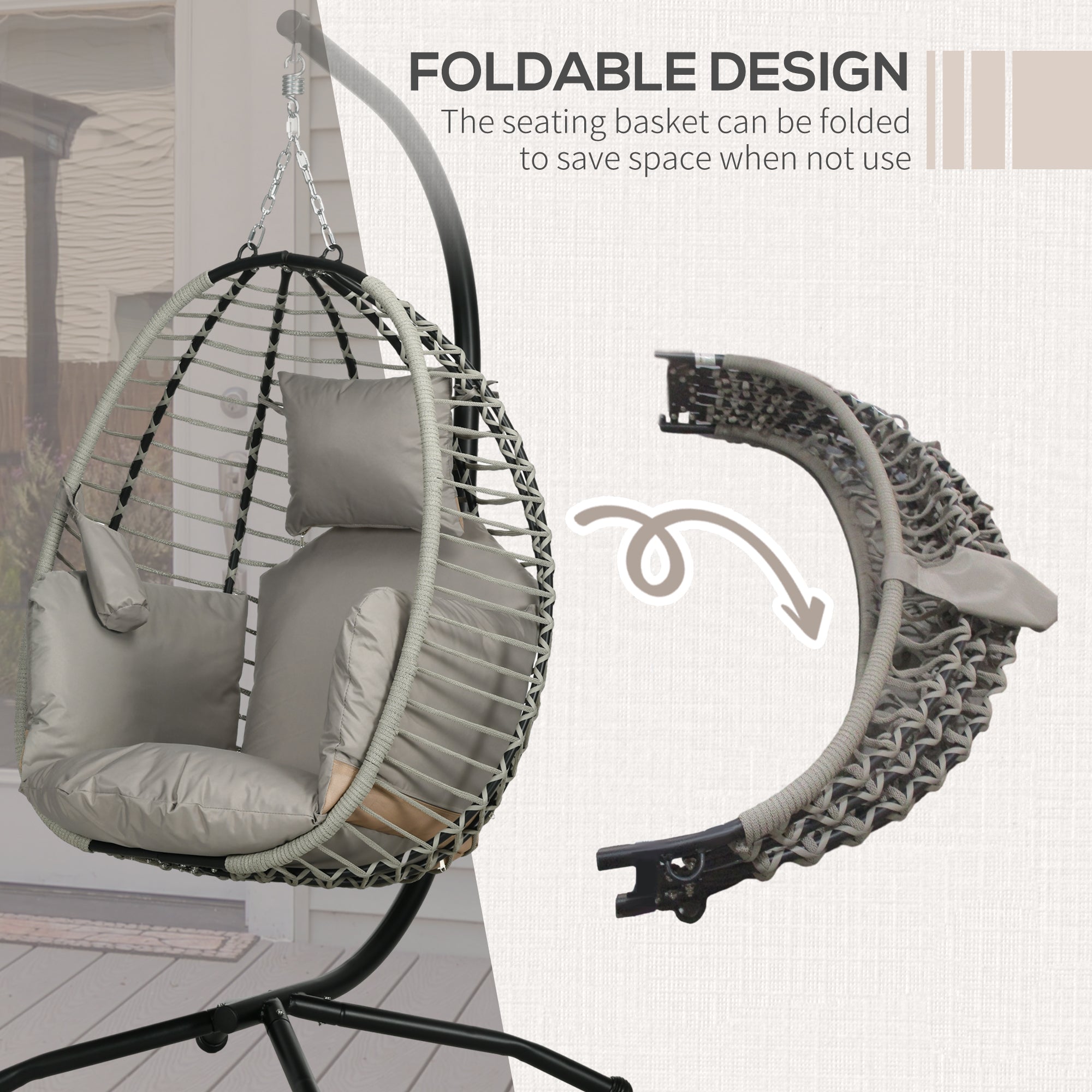 Outsunny Single Rattan Hanging Egg Chair, with Seat Cushion - Grey - North Peak Garden Furniture