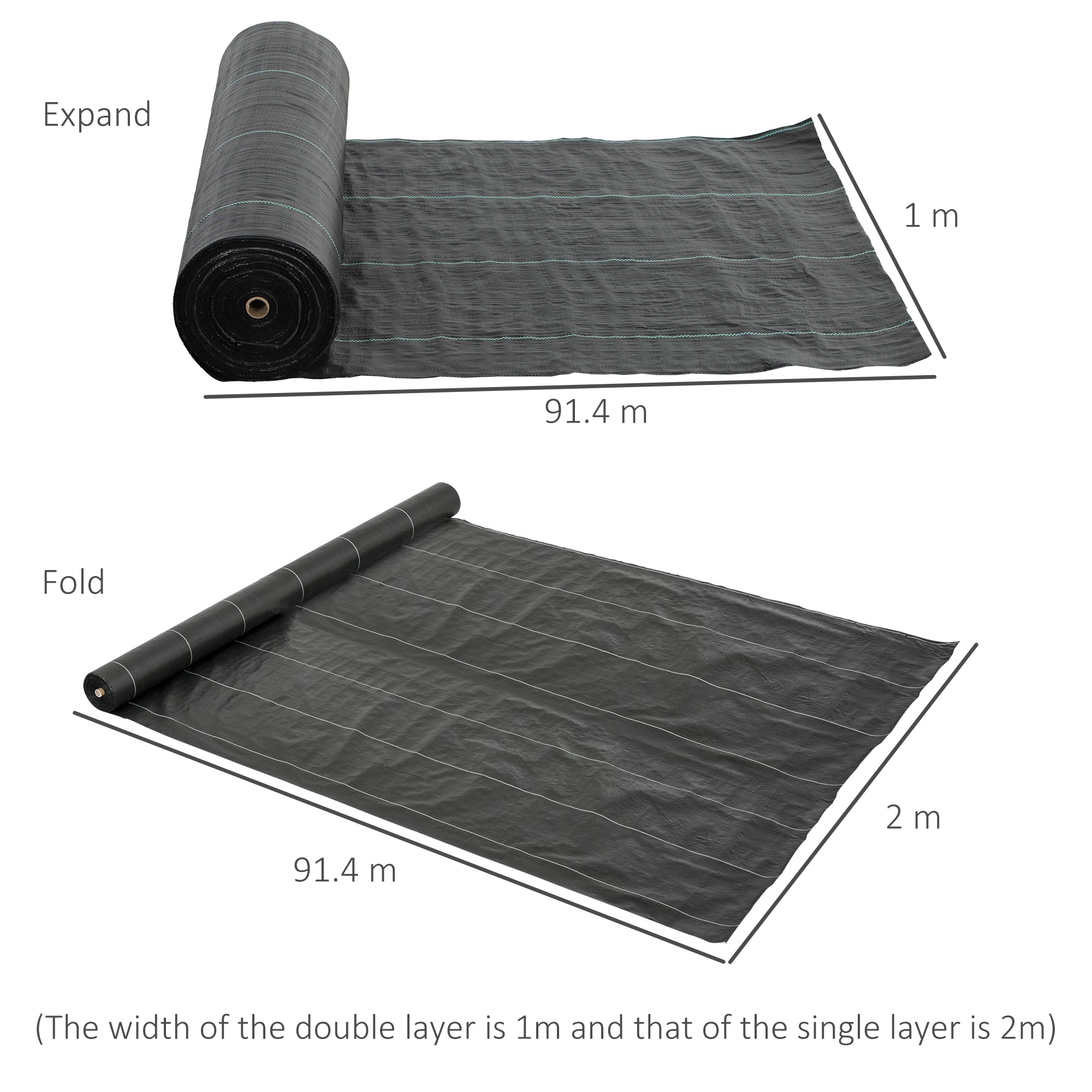 Outsunny 2m x 90m Weed Control Membrane, Heavy Duty Weed Control Barrier Fabric, 90gsm Ground Cover for Patios, Garden, Flower beds, Landscaping - North Peak Garden Furniture