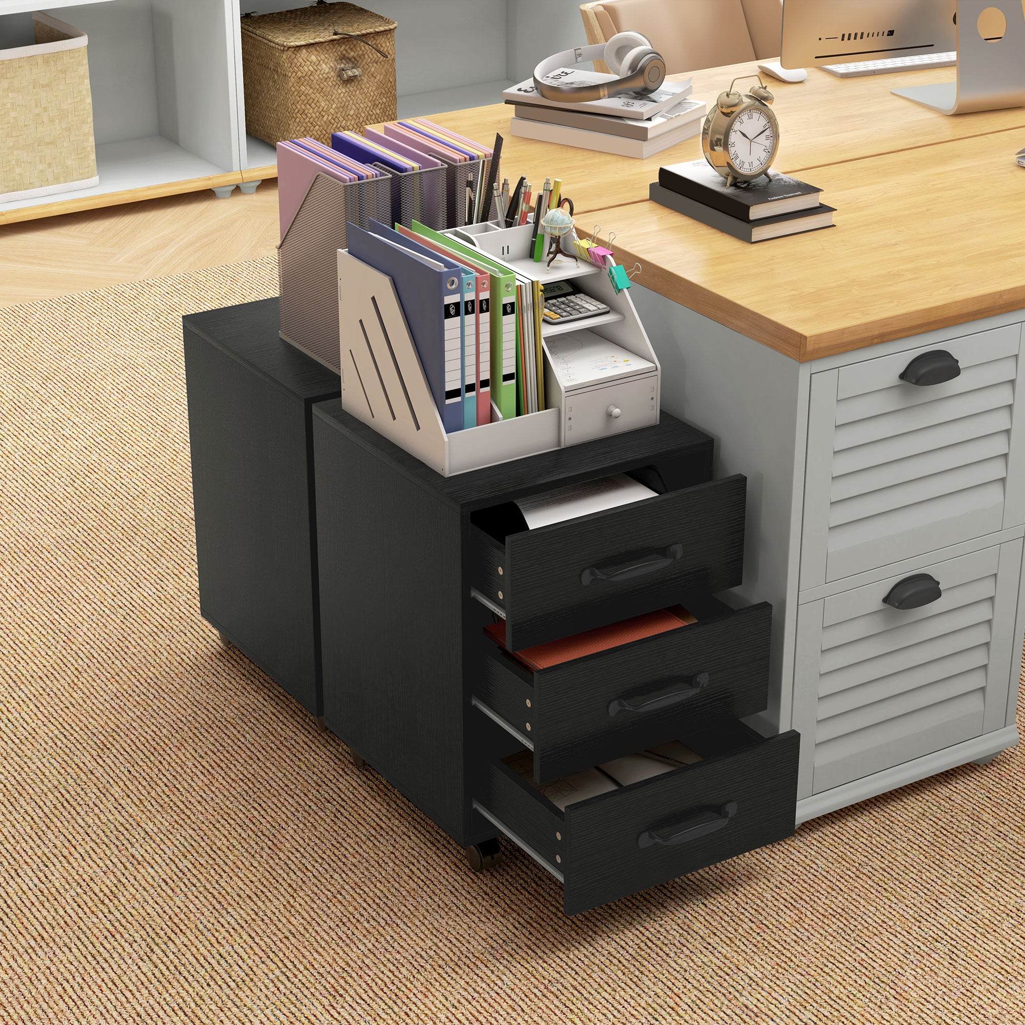 HOMCOM 3 Drawer File Cabinet, Mobile Filing Cabinet on Wheels for Home Office, Study, Black - North Peak Garden Furniture