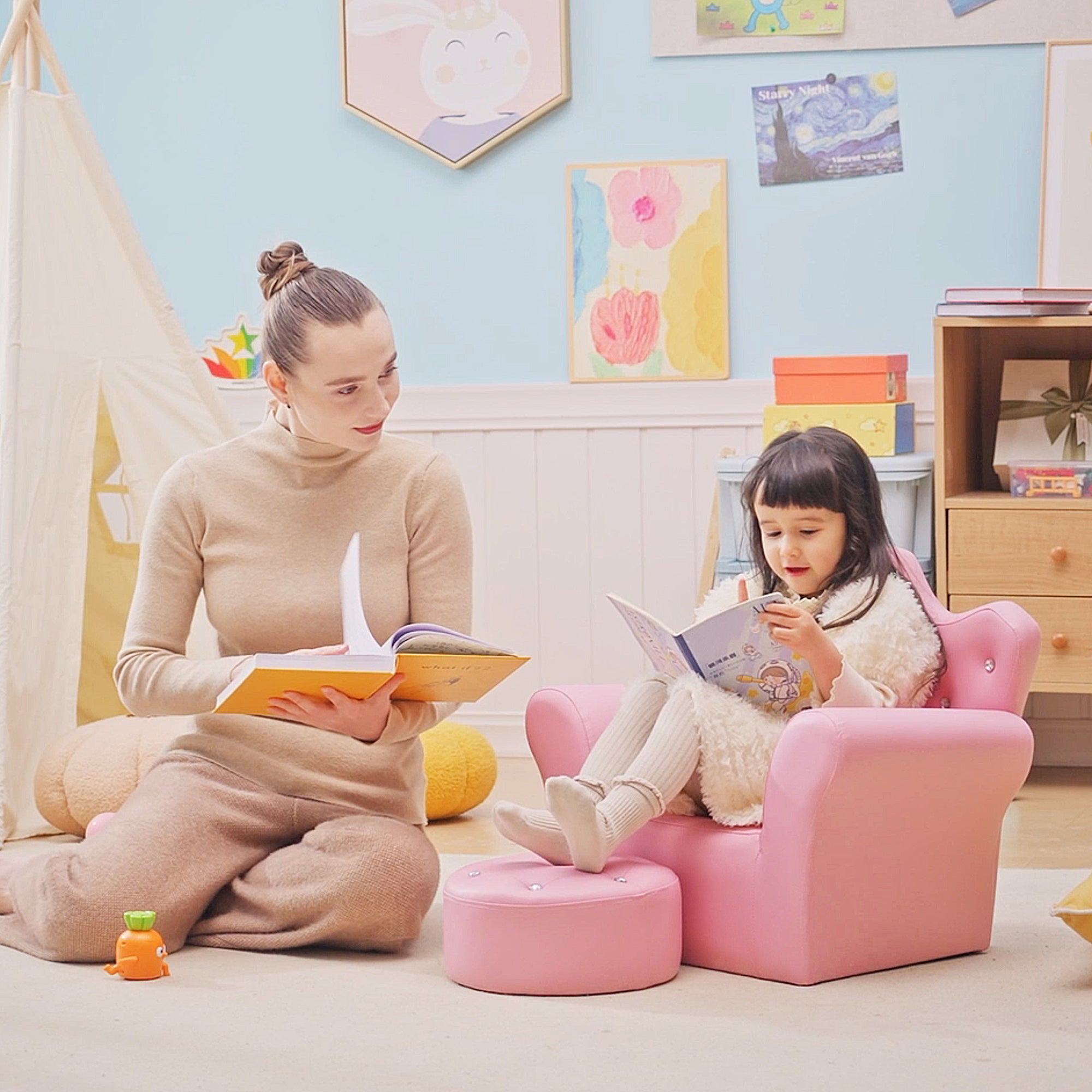 HOMCOM Children Kids Sofa Set Armchair Chair Seat with Free Footstool PU Leather for Girls 58L x 40.5W x 49H cm Pink - North Peak Garden Furniture