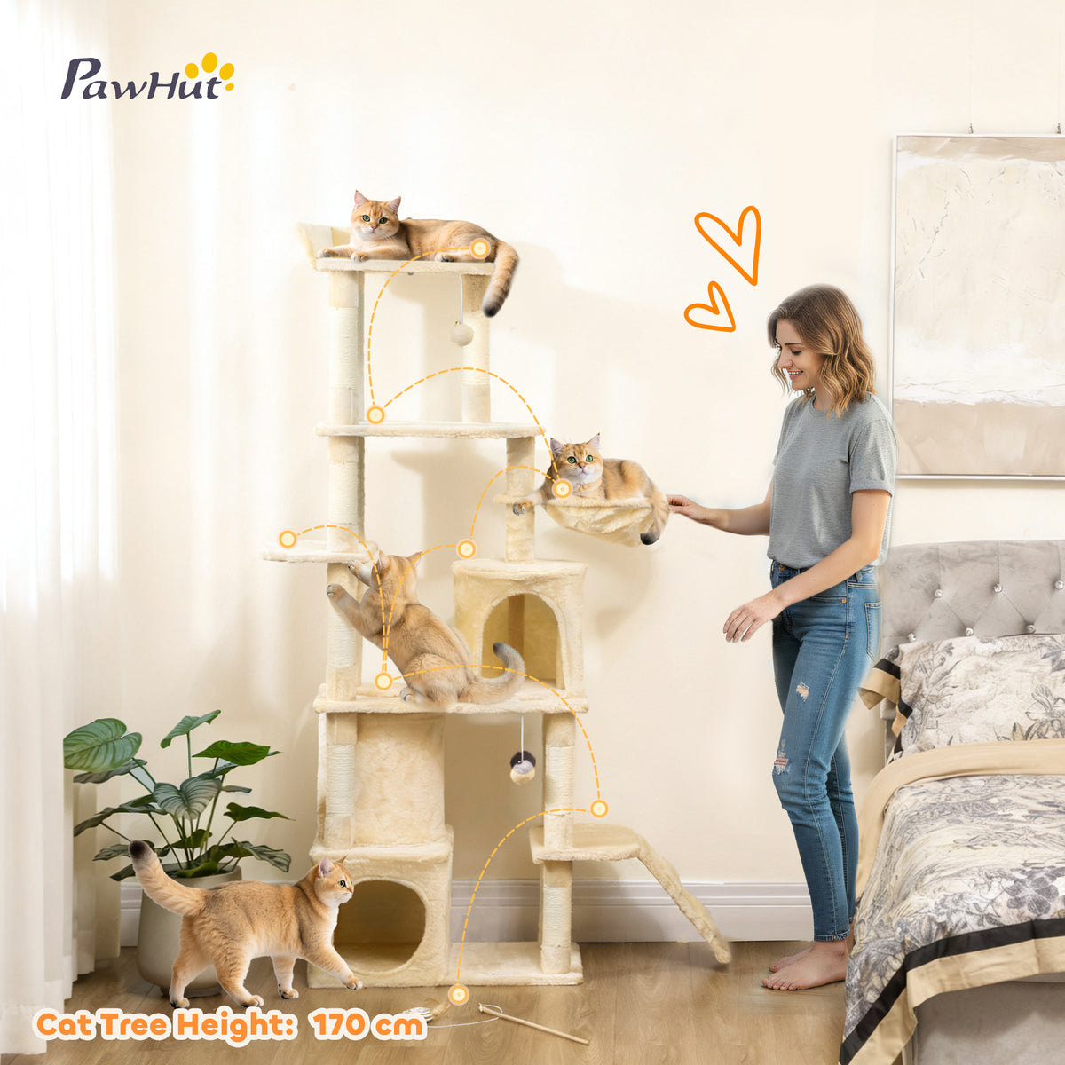 PawHut 170 cm Large Cat Tree, Cat Tower with 7 Scratching Posts, Tunnel, 2 Condos, Hammock, Perch, Ramp, Pompoms, Beige