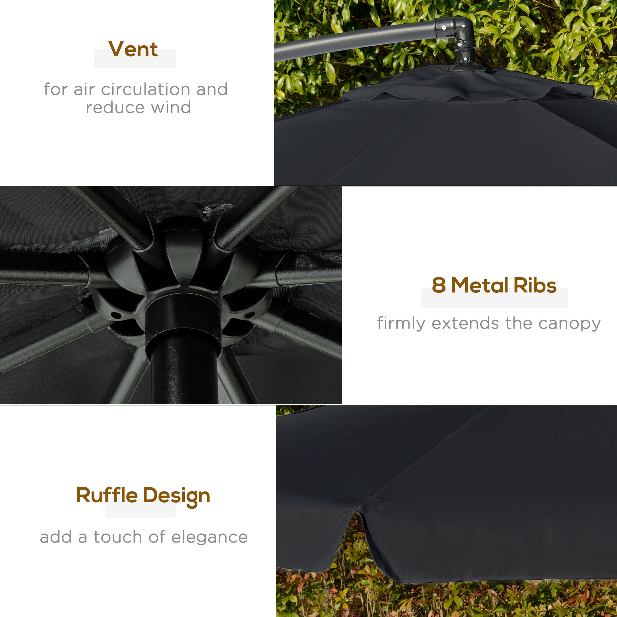 Outsunny 2.7m Garden Banana Parasol Cantilever Umbrella with Crank Handle and Cross Base for Outdoor, Hanging Sun Shade, Black - North Peak Garden Furniture