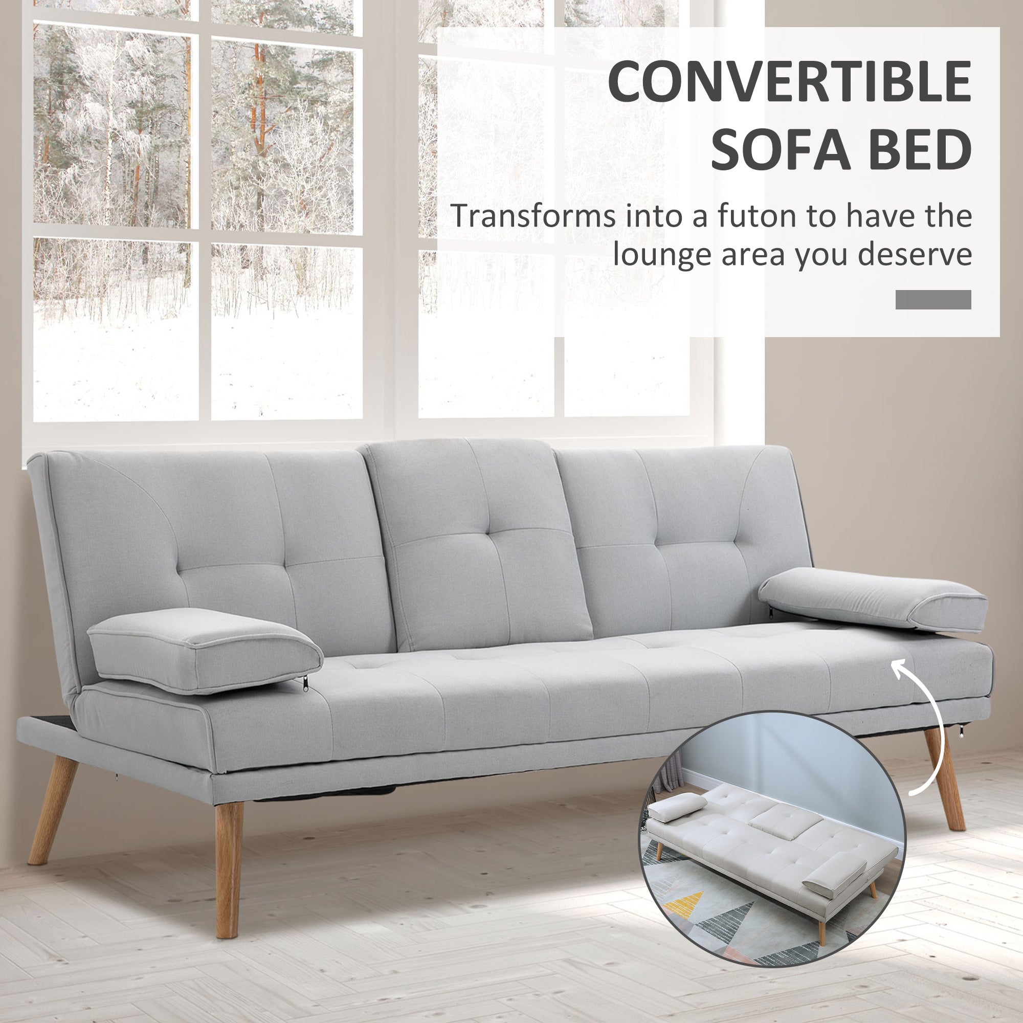 HOMCOM Sofa Bed, Fabric 3-seater Click Clack Sofa Bed with 2 Cup Holders, Convertible Bed Settee, Futon Sofa with Removable Armrest, for Living Room, Spare Room, Bed Room, Guest Room, Grey - North Peak Garden Furniture