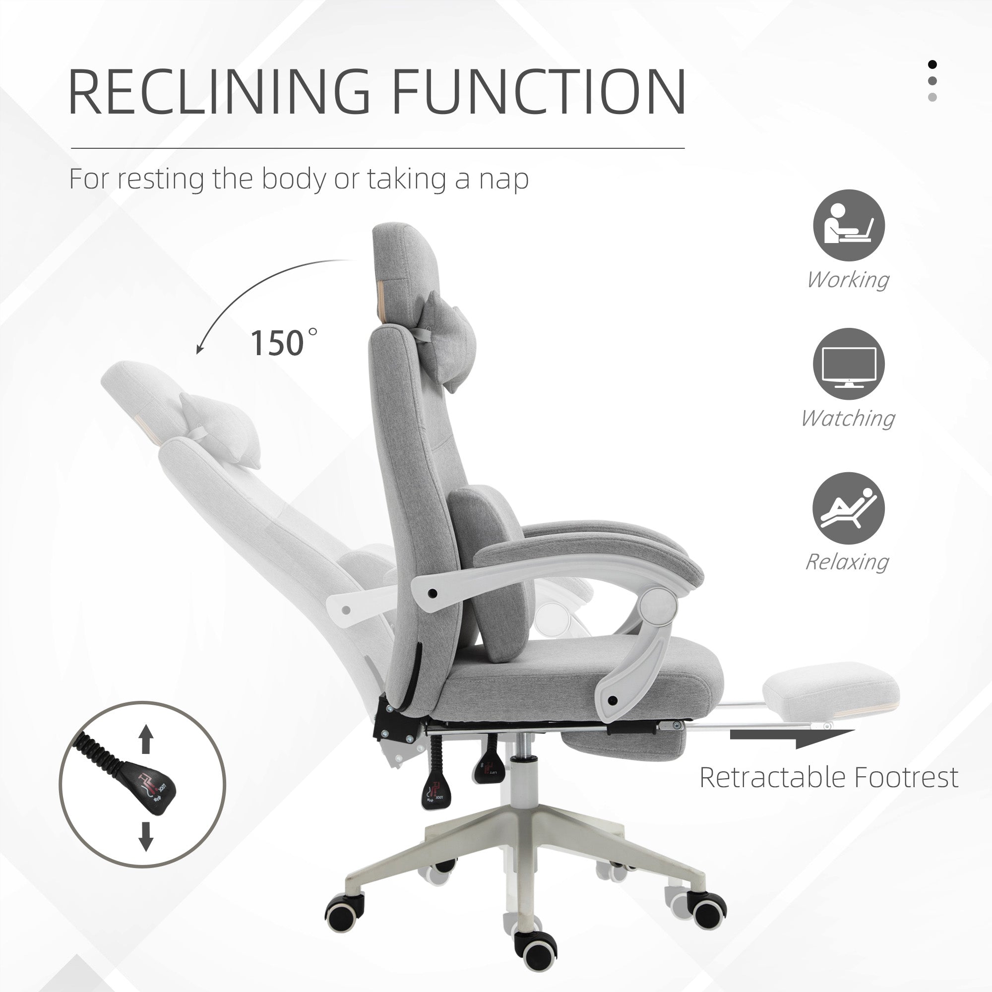 Vinsetto Office Chair, Ergonomic Desk Chair, High Back Fabric Work Chair with 160° Reclining Backrest, Retractable Footrest, Neck and Lumbar Pillow for Home and Study, Grey - North Peak Garden Furniture