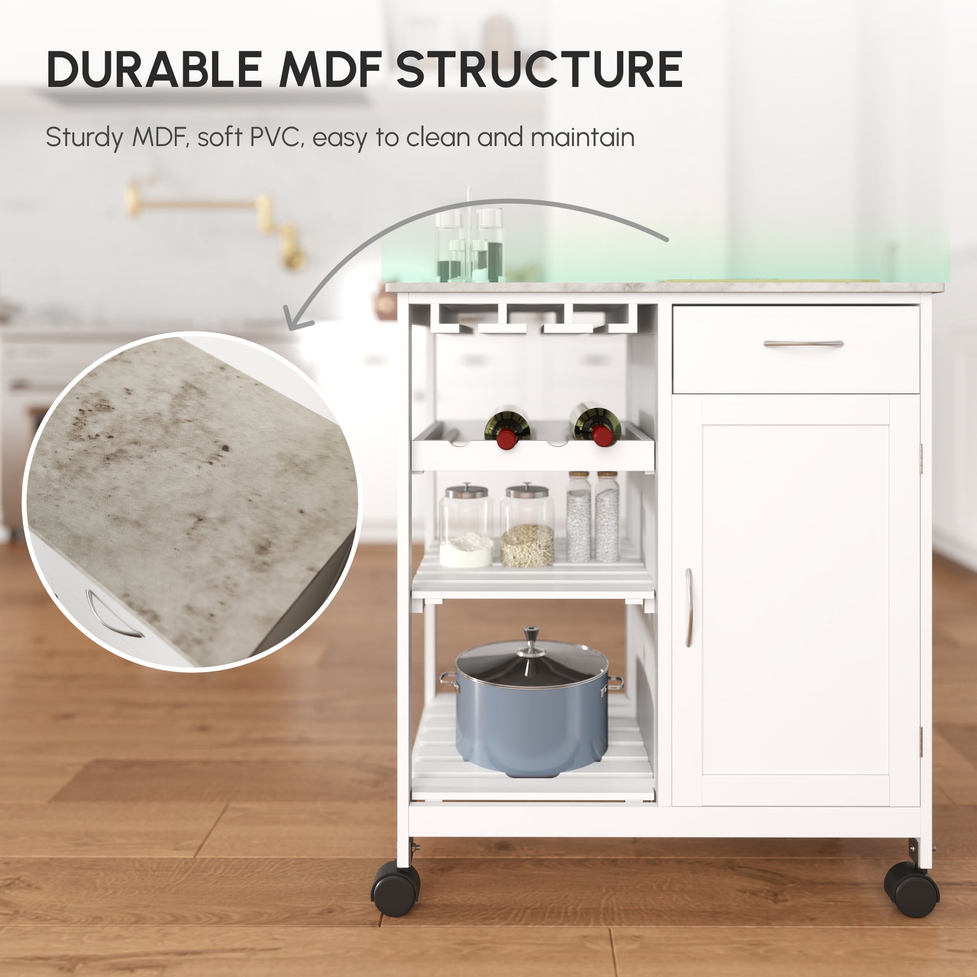 HOMCOM Compact Kitchen Trolley Utility Cart on Wheels with Wine Rack, Drawer, Open Shelf and Storage Cabinet for Dining Room, White - North Peak Garden Furniture