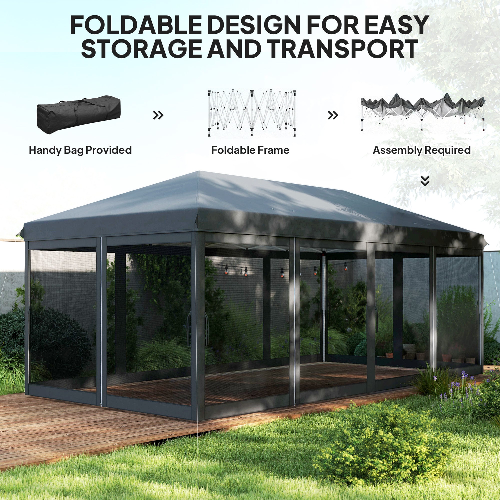 Outsunny 3 x 6m Pop Up Gazebo, Outdoor Canopy Shelter, Marquee Party Wedding Tent with 6 Mesh Walls and Carry Bag, Black - North Peak Garden Furniture