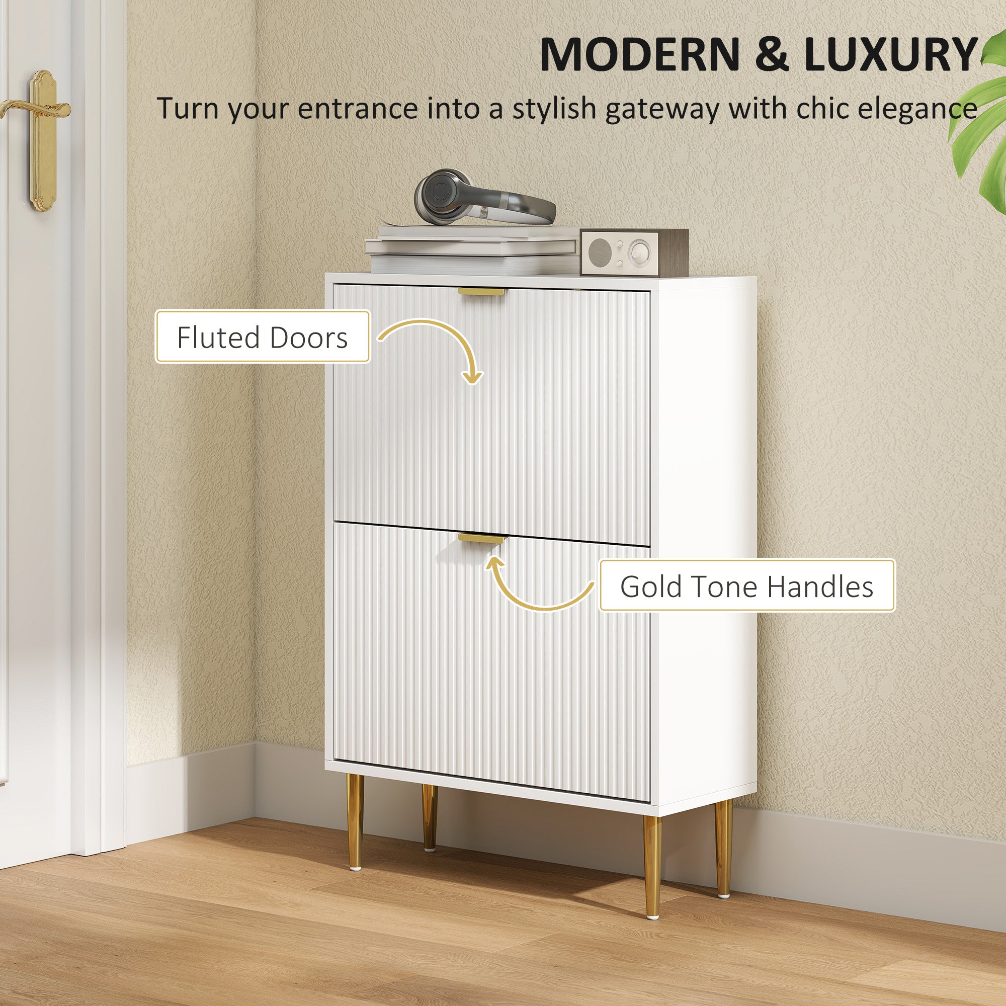 HOMCOM Narrow Shoe Cabinet with 2 Flip Drawers - White
