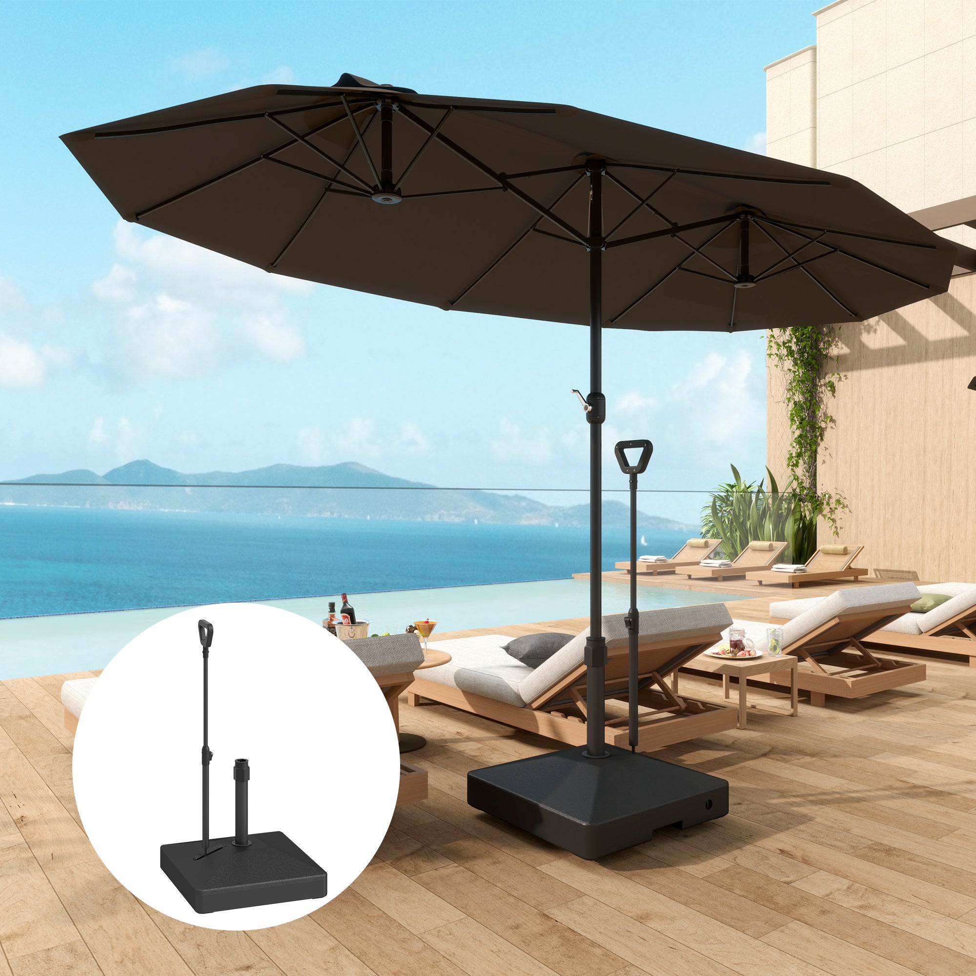 Outsunny Garden Parasol Base with Adjustable Wheels and Handle, Garden Sun Umbrella Base Parasol Stand, Filled Up to 55kg with Stand, 45kg with Water for 35, 38, 48 mm Poles, Black - North Peak Garden Furniture