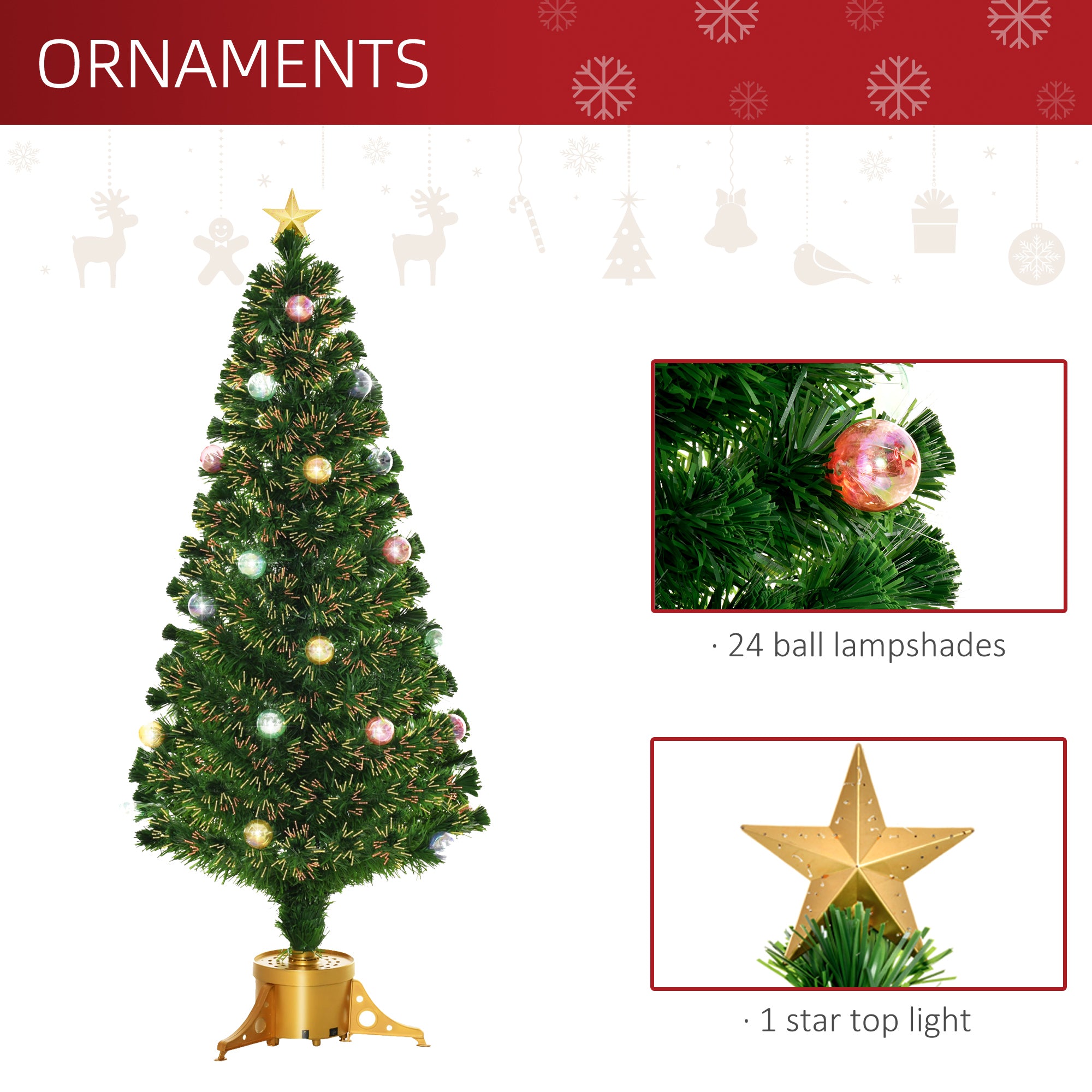 HOMCOM 5FT Prelit Artificial Christmas Tree with Fibre Optics, Baubles Decoration, Golden Pot for Holiday, Home - Green - North Peak Garden Furniture