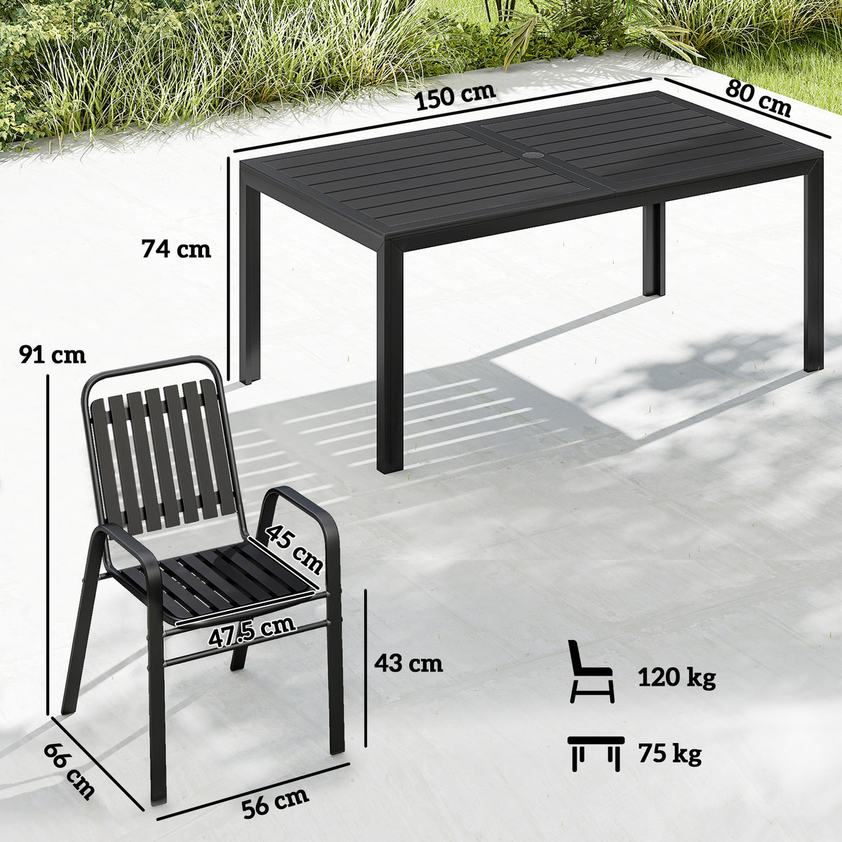 Outsunny 7 Pieces Outdoor Dining Set with Umbrella Hole, Garden Table and Chairs Set for 6 with Metal Table and Stackable Chairs