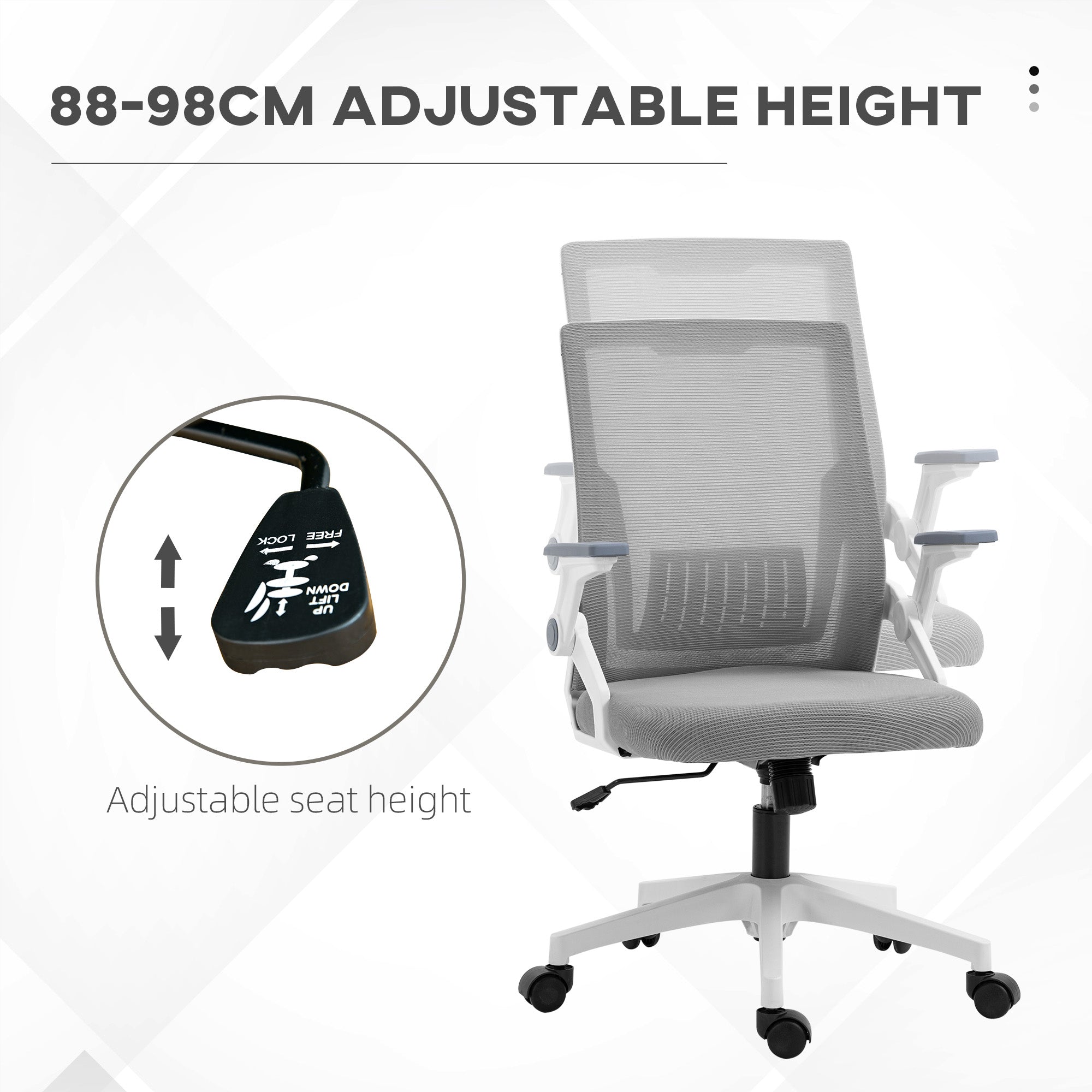 Vinsetto Mesh Office Chair, Desk Chair with Lumbar Support, Flip-up Armrest, Swivel Wheels, Adjustable Height, Grey - North Peak Garden Furniture