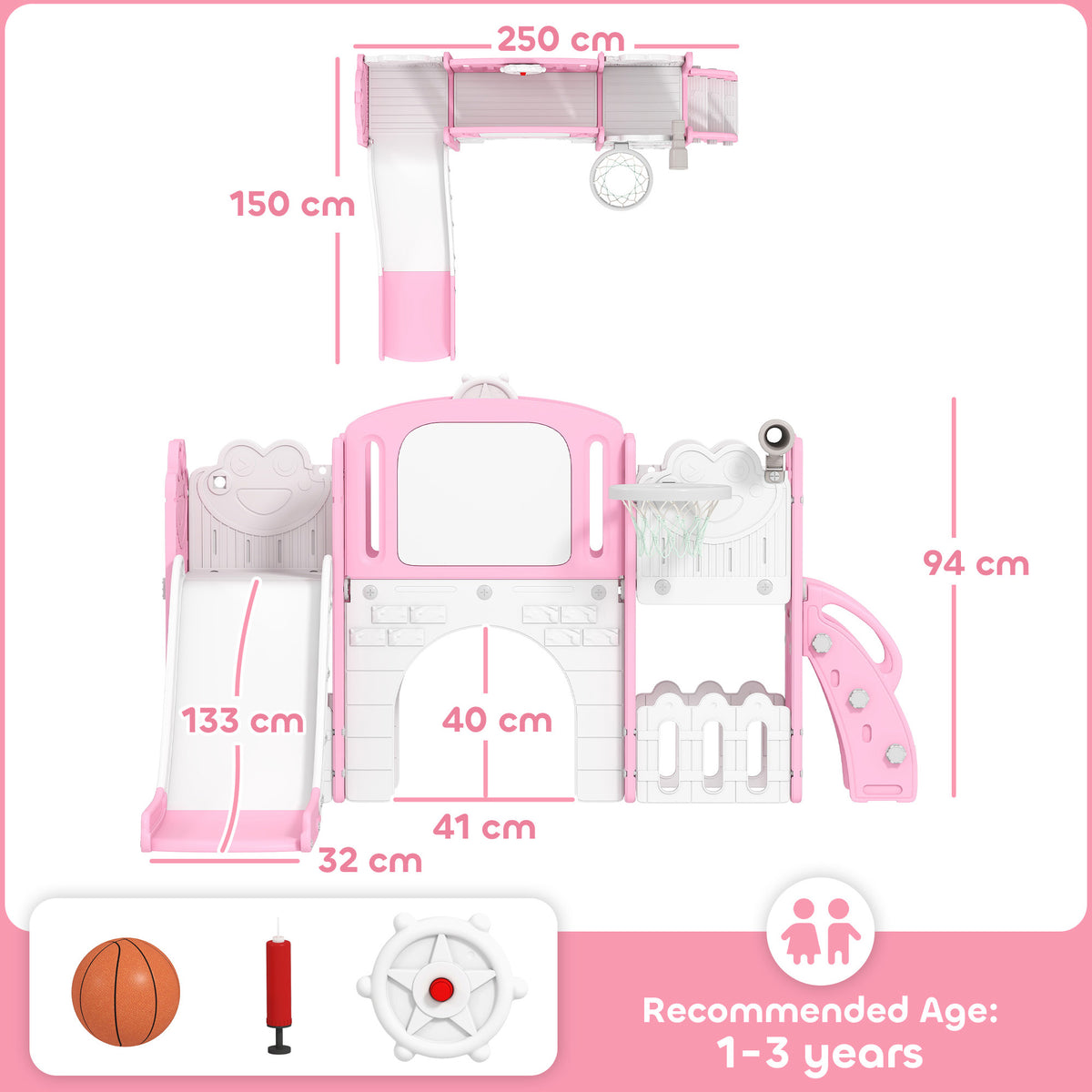 AIYAPLAY 7 in 1 Toddler Slide Set with Basketball Hoop, Climbing Frame, Telescope, Drawing Board, Storage Box, Pink