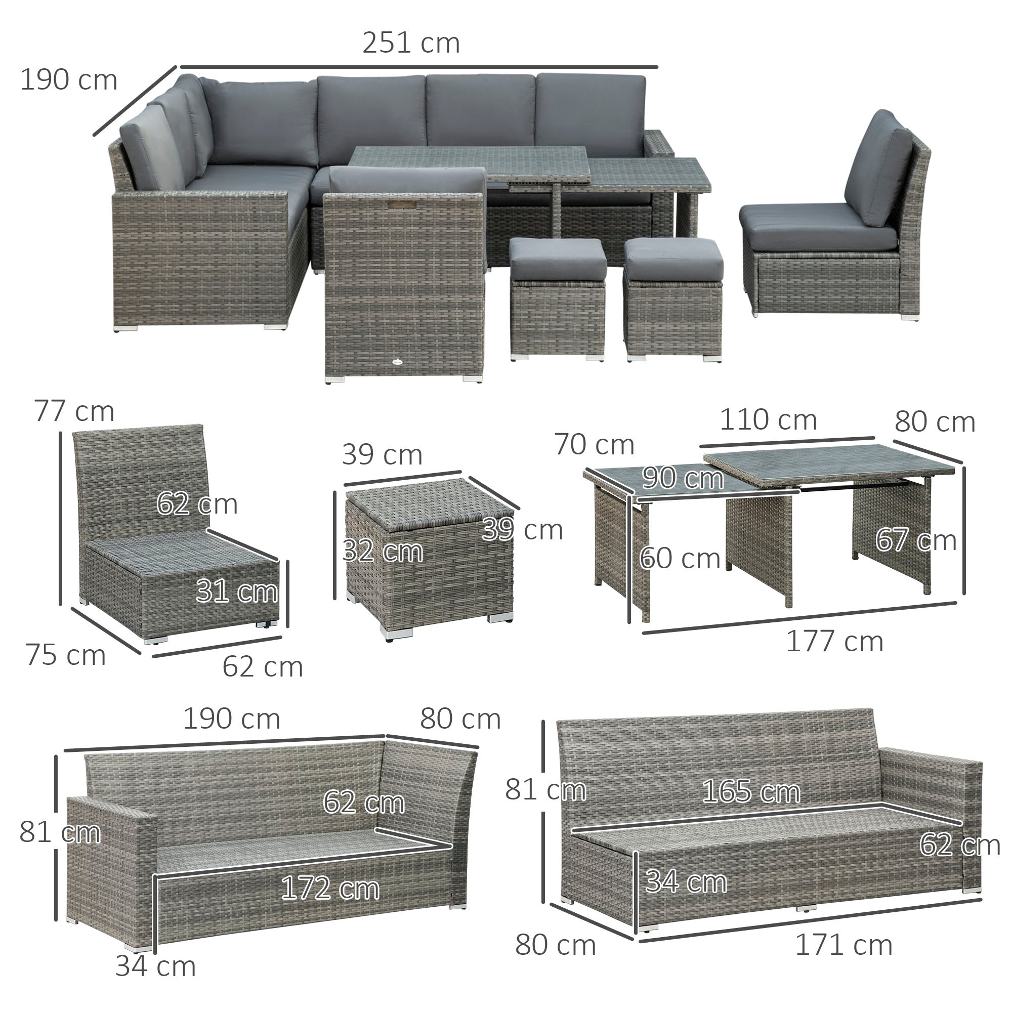 Outsunny Seven-Piece Rattan Garden Sofa Set, with Expanding Table - Grey - North Peak Garden Furniture