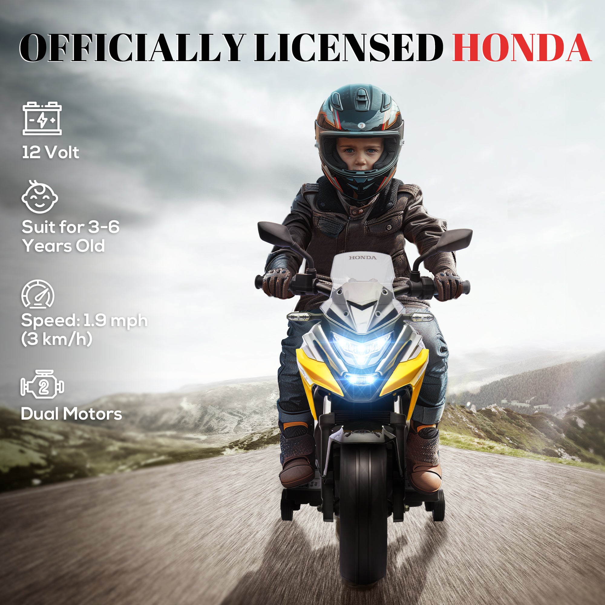 AIYAPLAY 12V Honda Licensed Kids Electric Motorbike w/ Music, Headlights, Early Education Function, for Ages 3-6 Years, Yellow - North Peak Garden Furniture