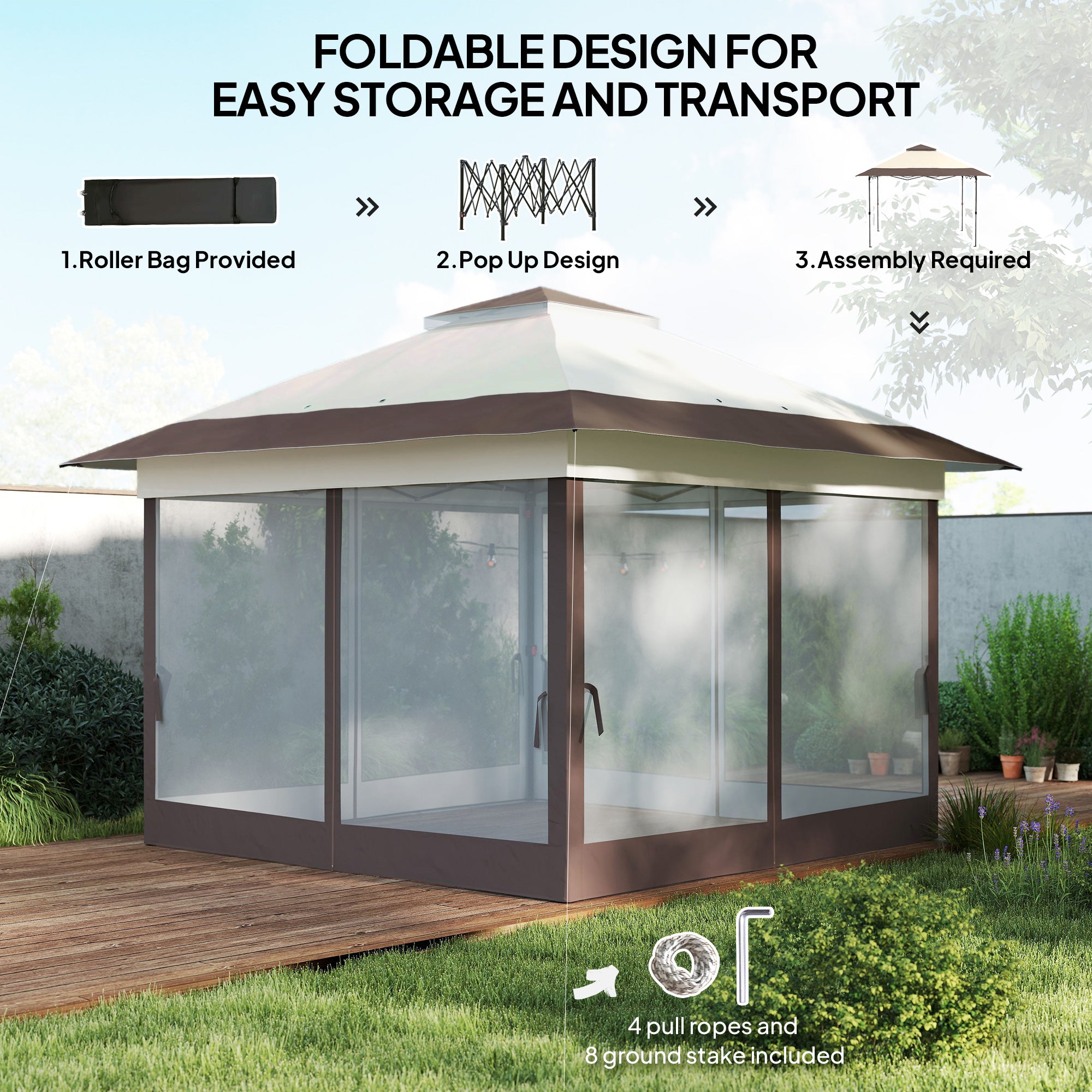 Outsunny 3.6 x 3.6 m Pop up Gazebo with Netting, Height Adjustable Party Tent Instant Canopy Sun Shade Shelter, Khaki - North Peak Garden Furniture