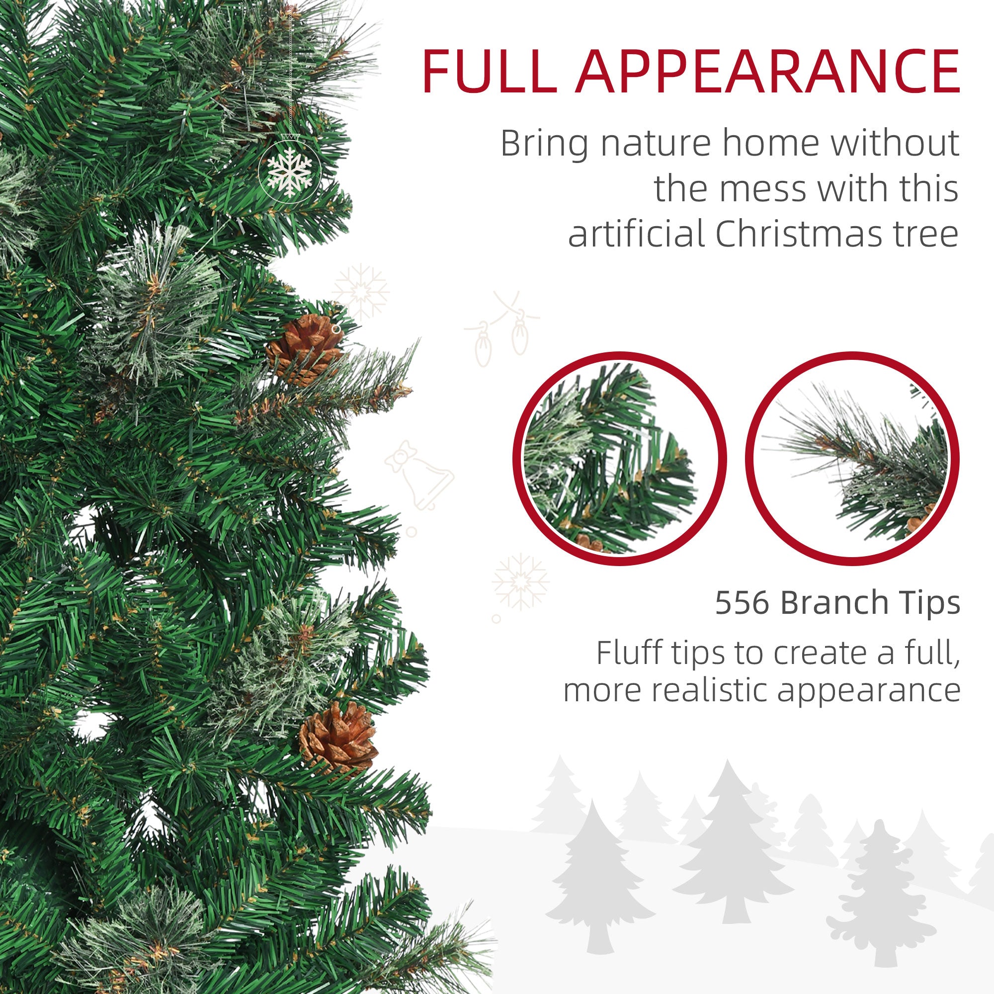 HOMCOM 6.5FT Tall Pencil Slim Artificial Christmas Tree with Realistic Branches, Tip Count and Pine Cones, Pine Needles Tree, Xmas Decoration, Green