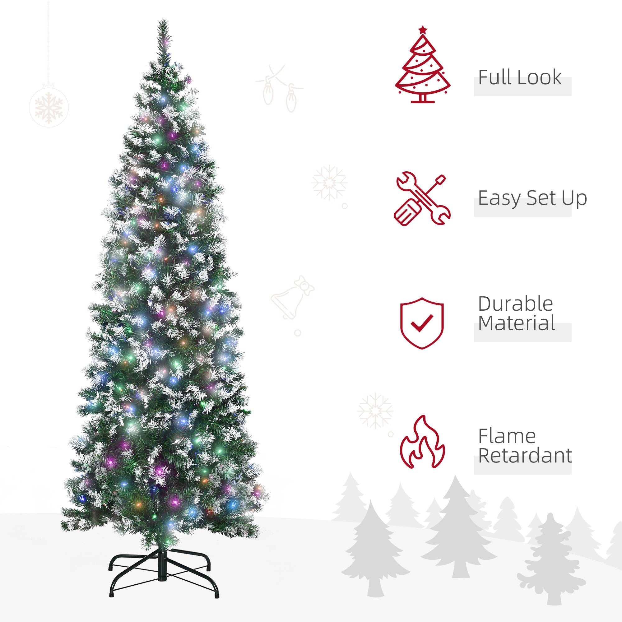 HOMCOM 6FT Tall Prelit Pencil Slim Artificial Christmas Tree with Realistic Branches, 300 Colourful LED Lights and 618 Tips, Xmas Decoration, Green - North Peak Garden Furniture