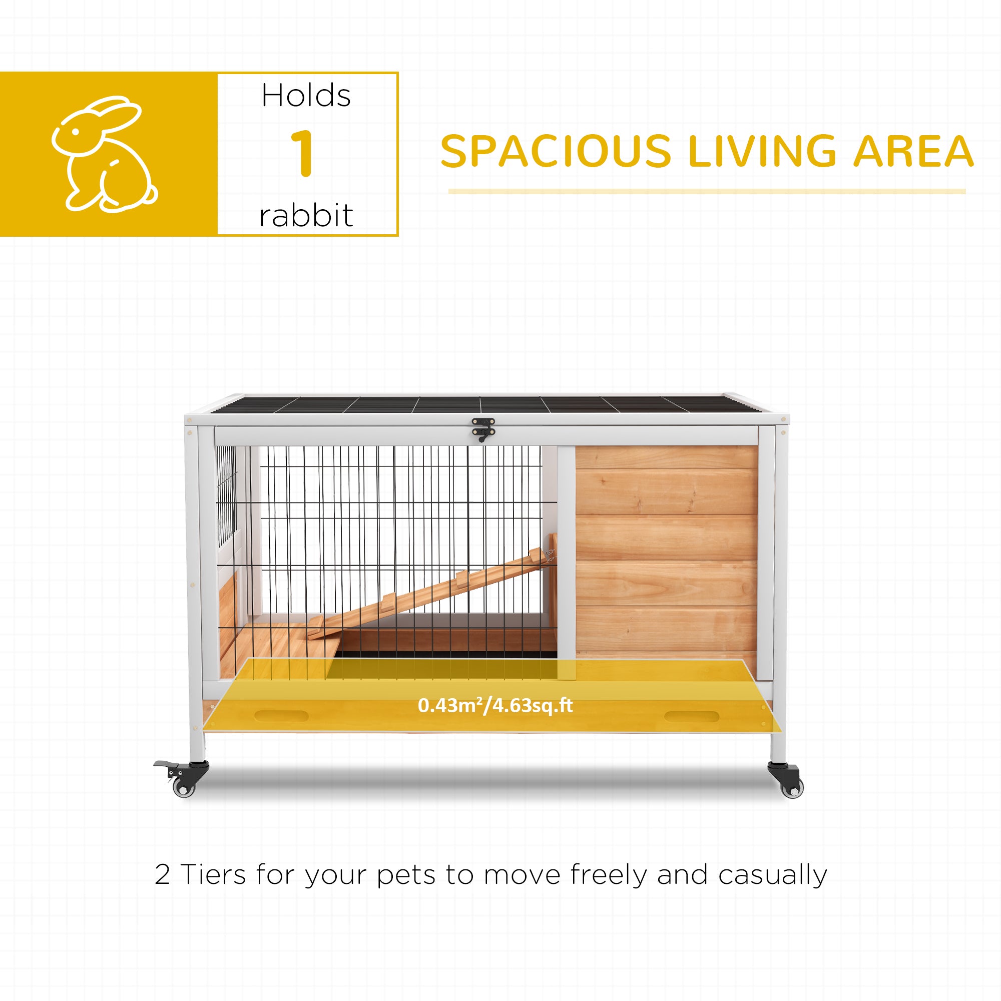 PawHut Wooden Guinea Pig Hutch, 2-Floor Bunny Cage w/ Enclosed Run Area, Yellow