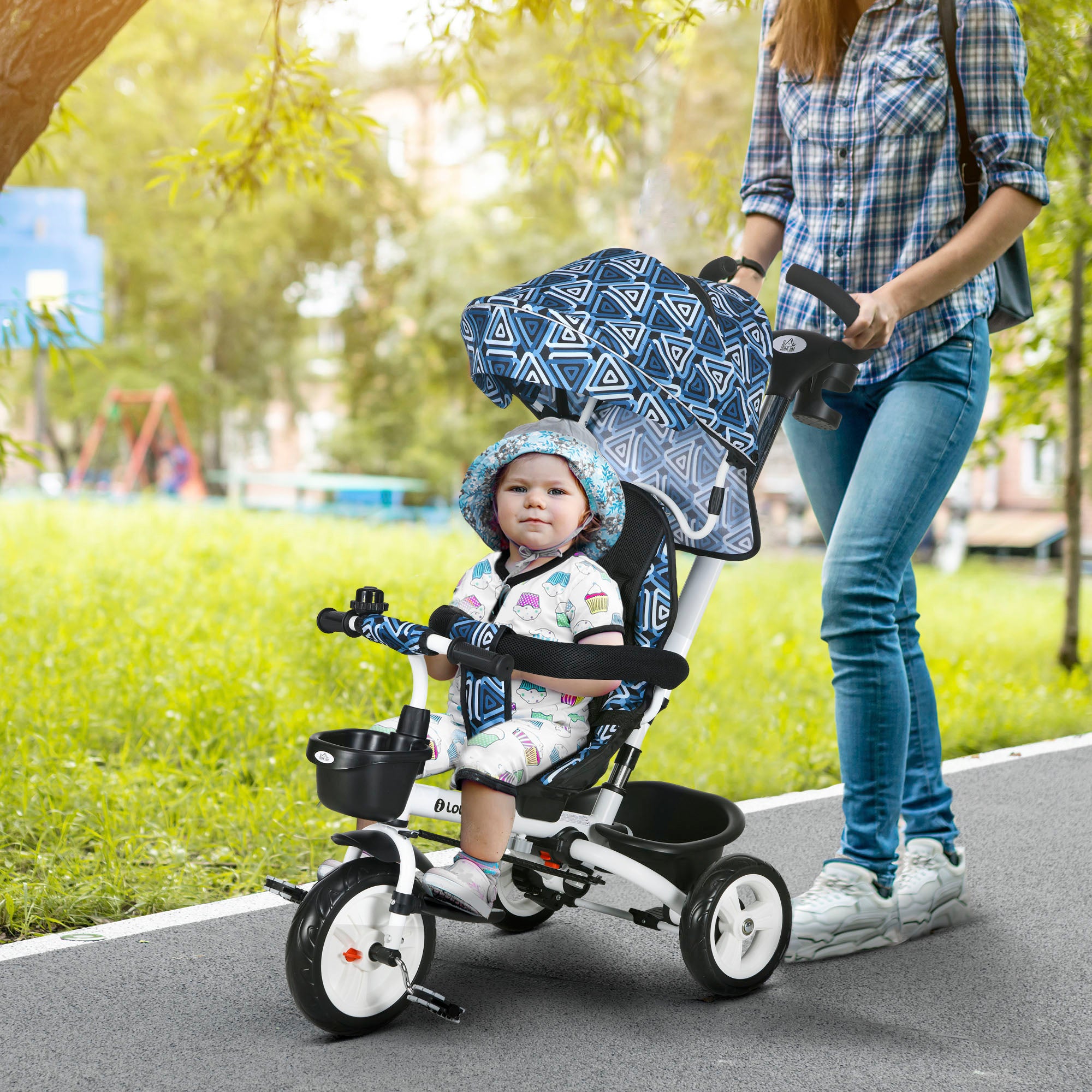 HOMCOM Metal Frame 6 in 1 Baby Push Tricycle with Parent Handle for 1-5 Years Old, Light Blue - North Peak Garden Furniture