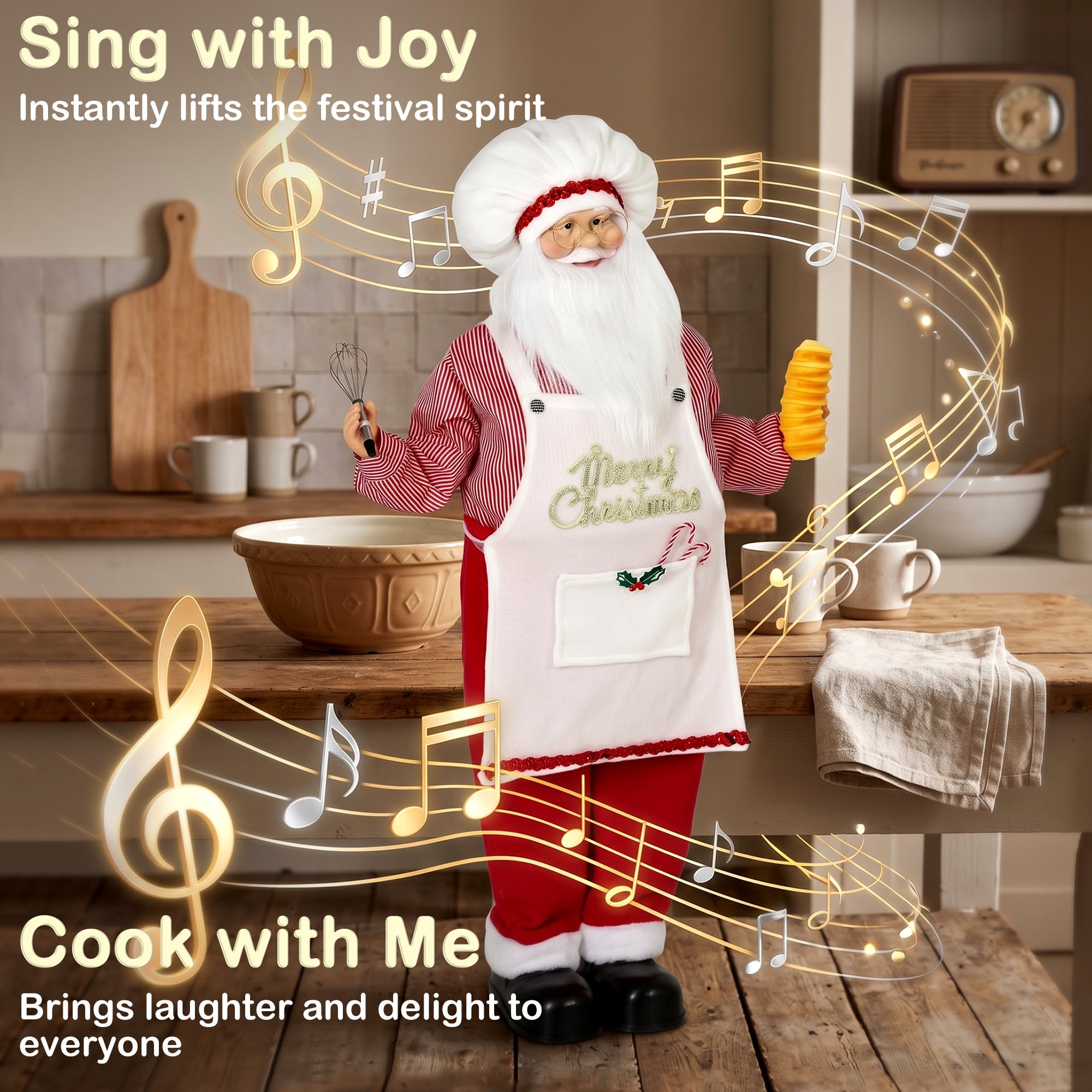 HOMCOM 4ft Singing Cooking Santa Claus, Standing Christmas Animated Santa Figure with Head Moving, Sound/Touch Activated