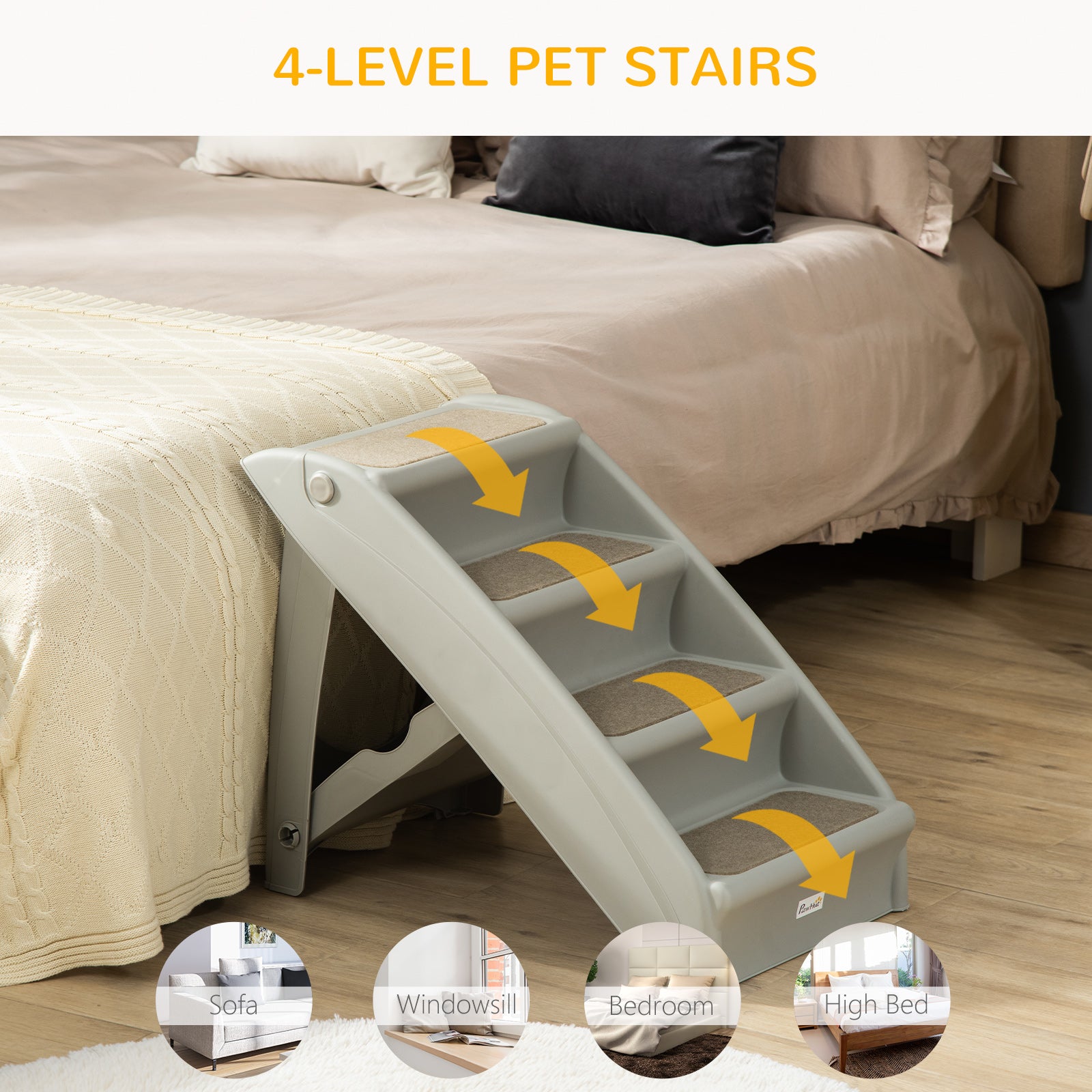 PawHut Foldable Four-Step Pet Stairs, for Cats, Small Miniature Dogs, with Non-Slip Mats 62 x 38 x 49.5cm - Grey - North Peak Garden Furniture